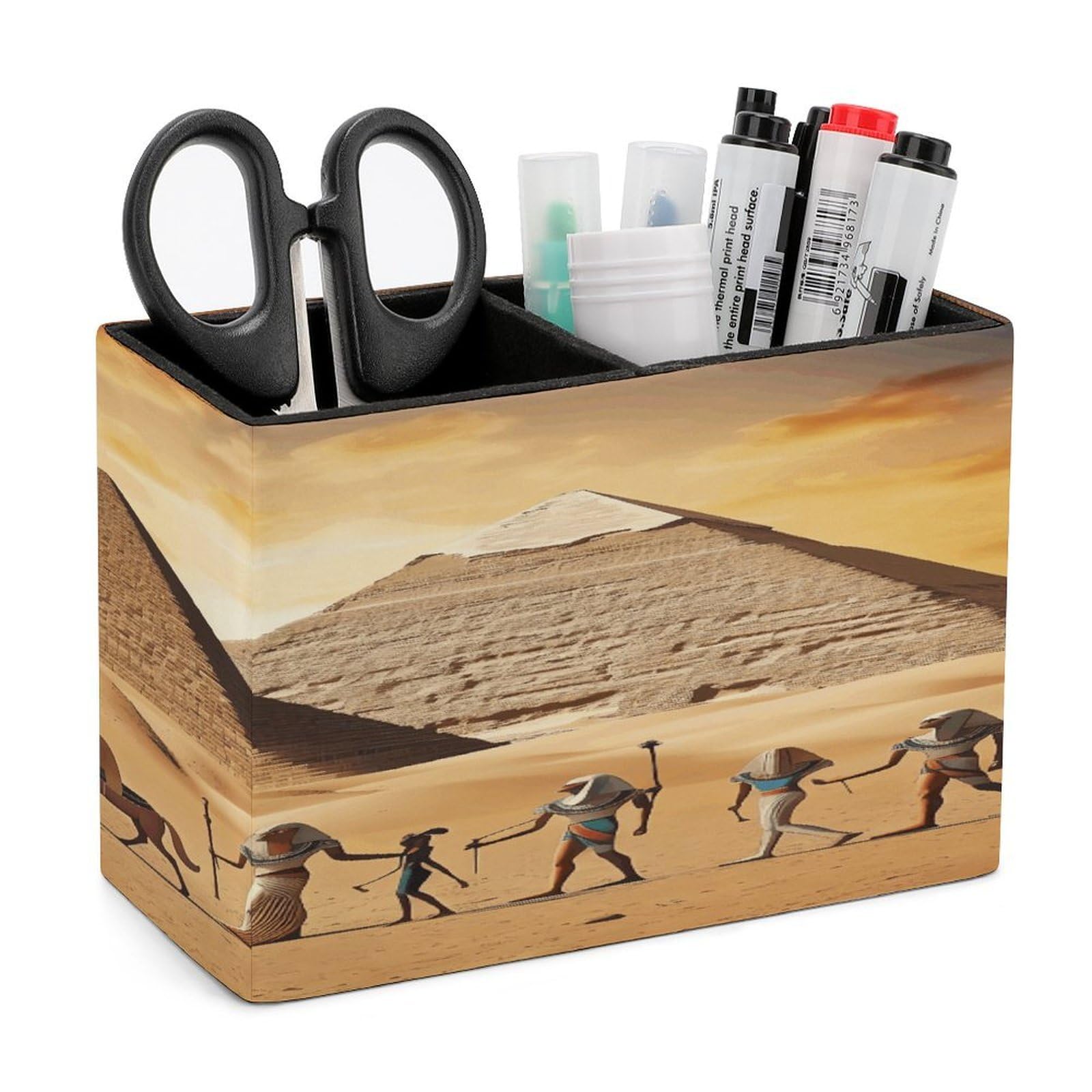 VstaDank Ancient Egypt Pen Holder Double Compartments Pen Cup Fashion Makeup Brush Holders Leather Pencil Holder for Work Locker Accessories Modern Pencil Cup for Desk Organizer