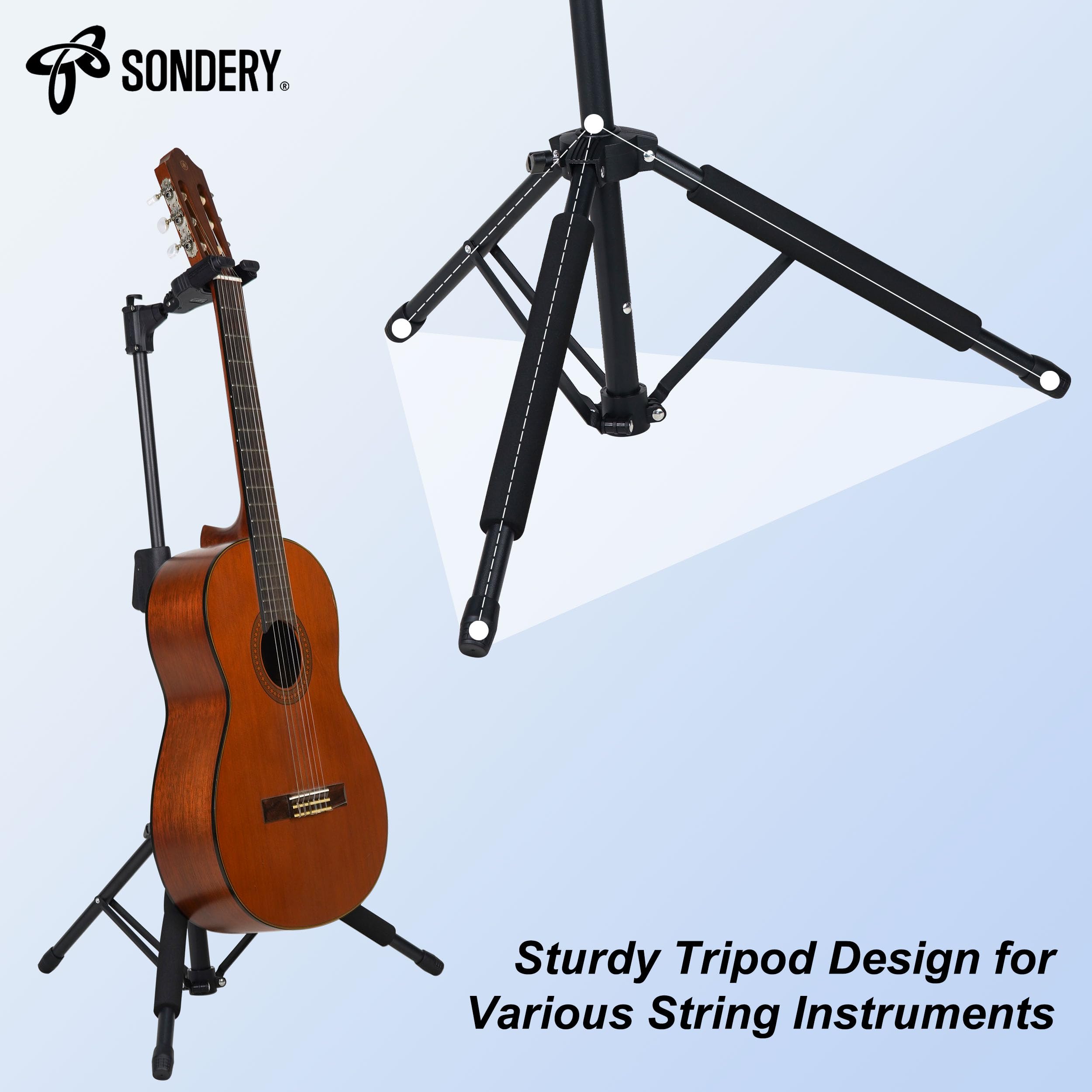 Sondery Soporte de guitarra para cualquier guitarra, bajo con cualquier acabado, trípode plegable ajustable con bloqueo automático