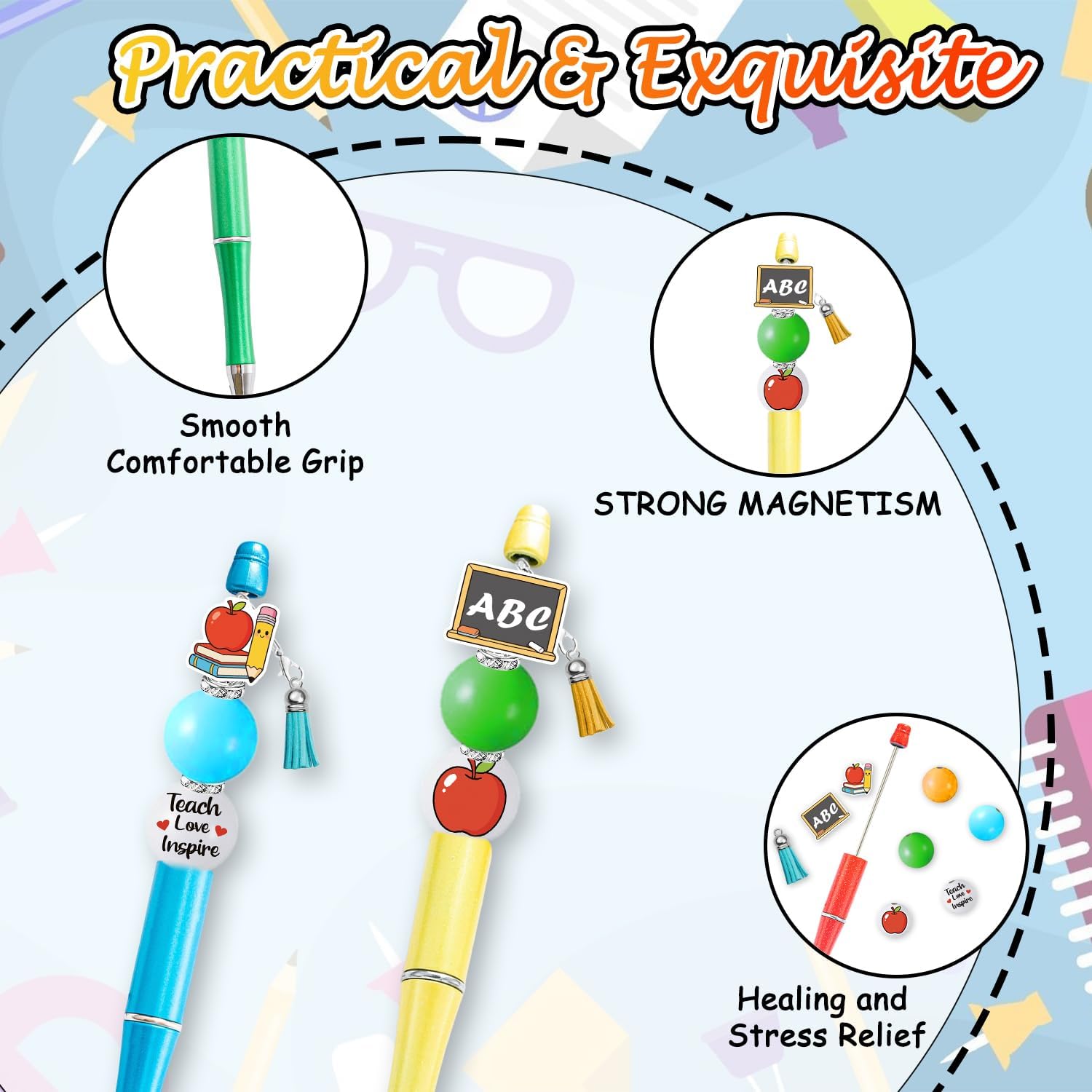 Teacher Beadable Pens Craft - 30 Set Teacher Day Appreciation Gift, DIY Thank You Teach Beaded Pen Making Kit with Beads Bulk, Make Your Own Wood Beading Ballpoint for Student Classroom Party