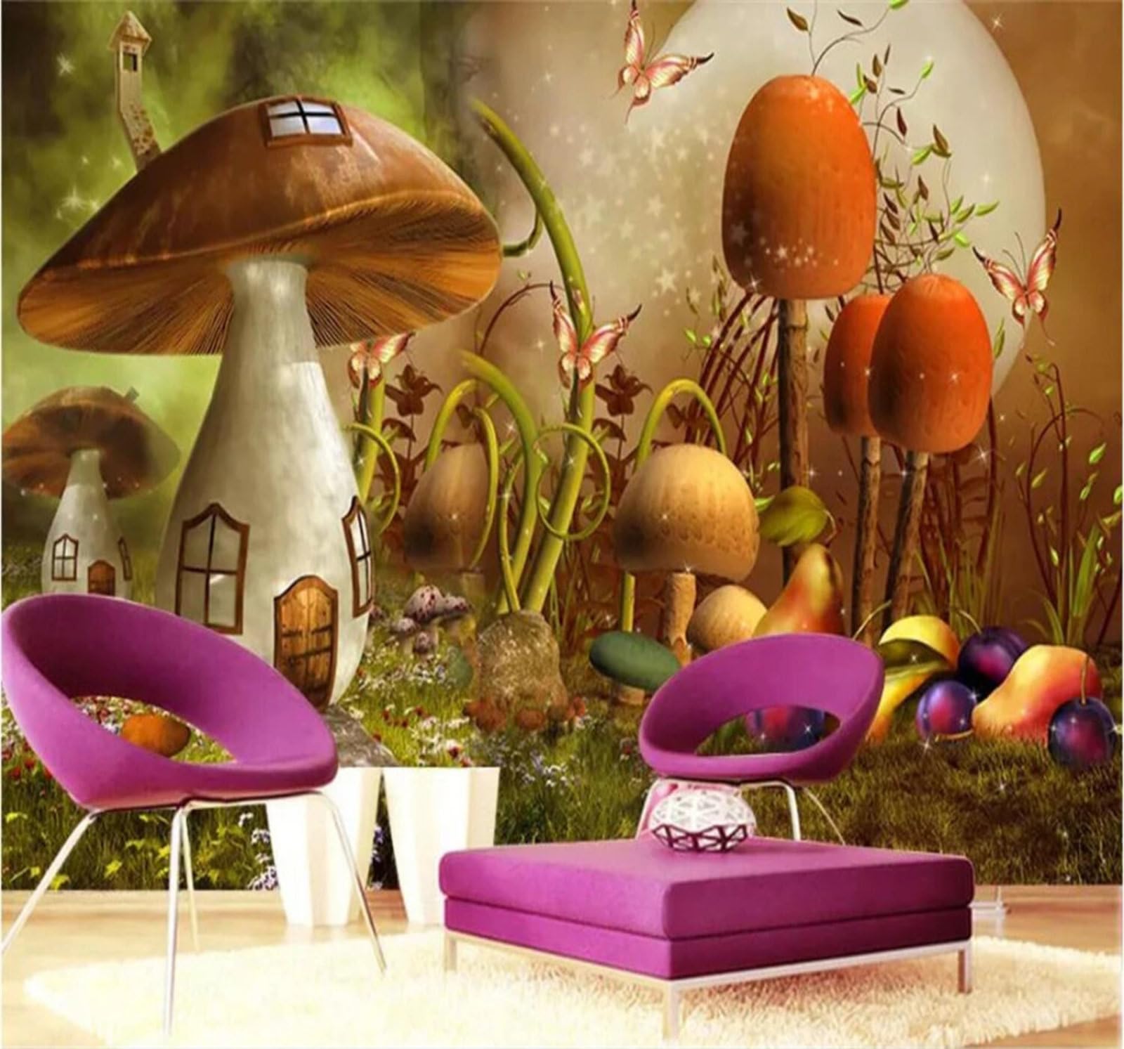 Xlming 400Cm×280Cm(B×H) Fantasy Cartoon Jungle Mushrooms Butterflies 3D Wallpaper Luxury Home Dining Decor Paste Sofa Living Room The Wall For Bedroom Mural-400Cm×280Cm