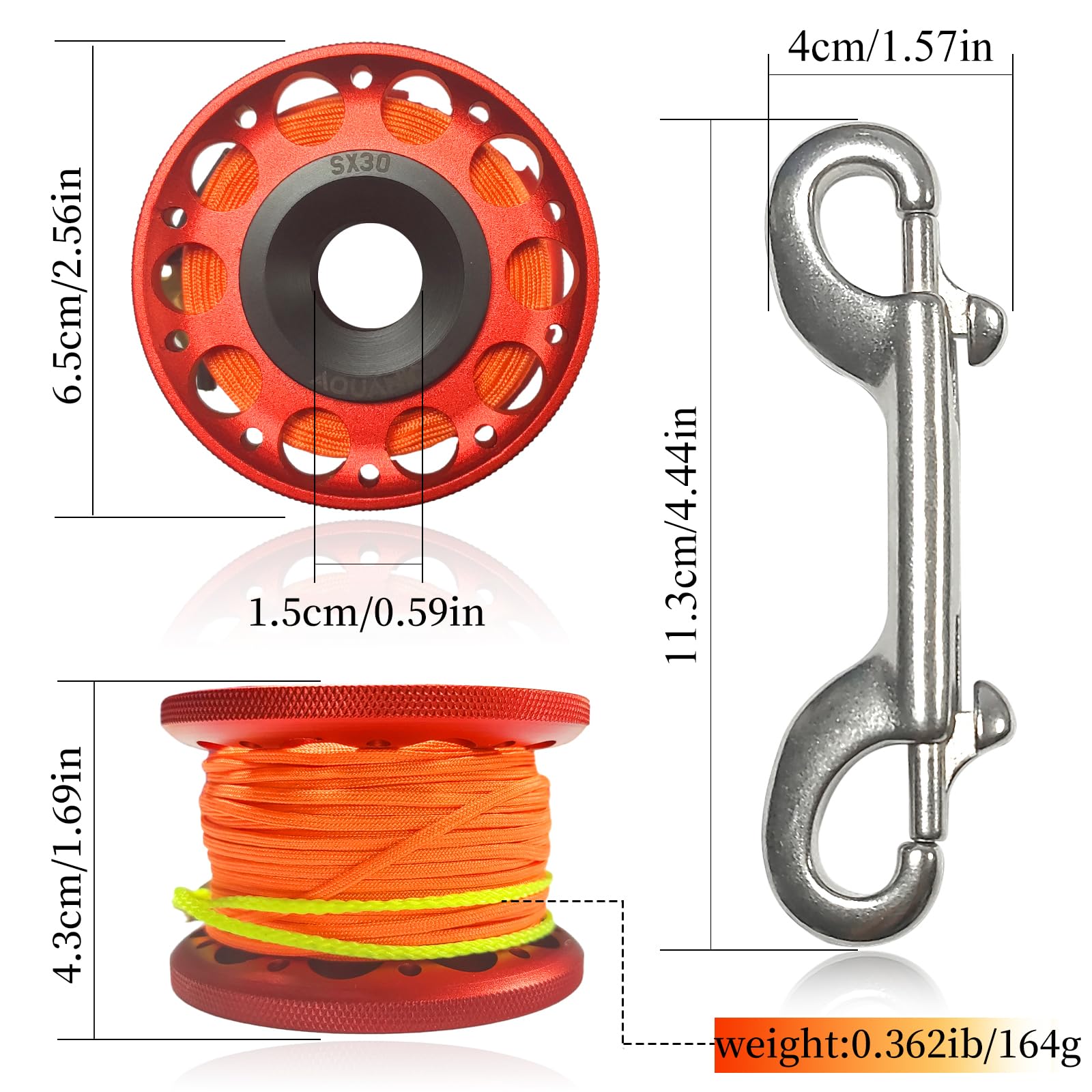 nitescuba Tauchrolle 101FT Finger Reel mit Dive Double-Ended Bolt Snap Clip Aluminium Scuba Dive Finger Spule Spule Reel für Schnorcheln Tauchen Angeln (Rot)