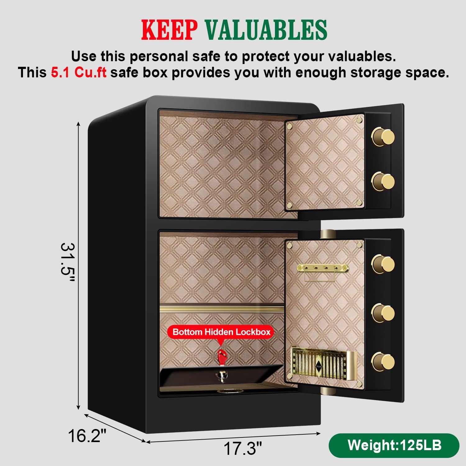 5.1 Cu.ft Safe Box Fireproof Waterproof Double Door,Digital Large Security Box for Home Office with Separate Lock Box,Hidden Compartment,Led Light