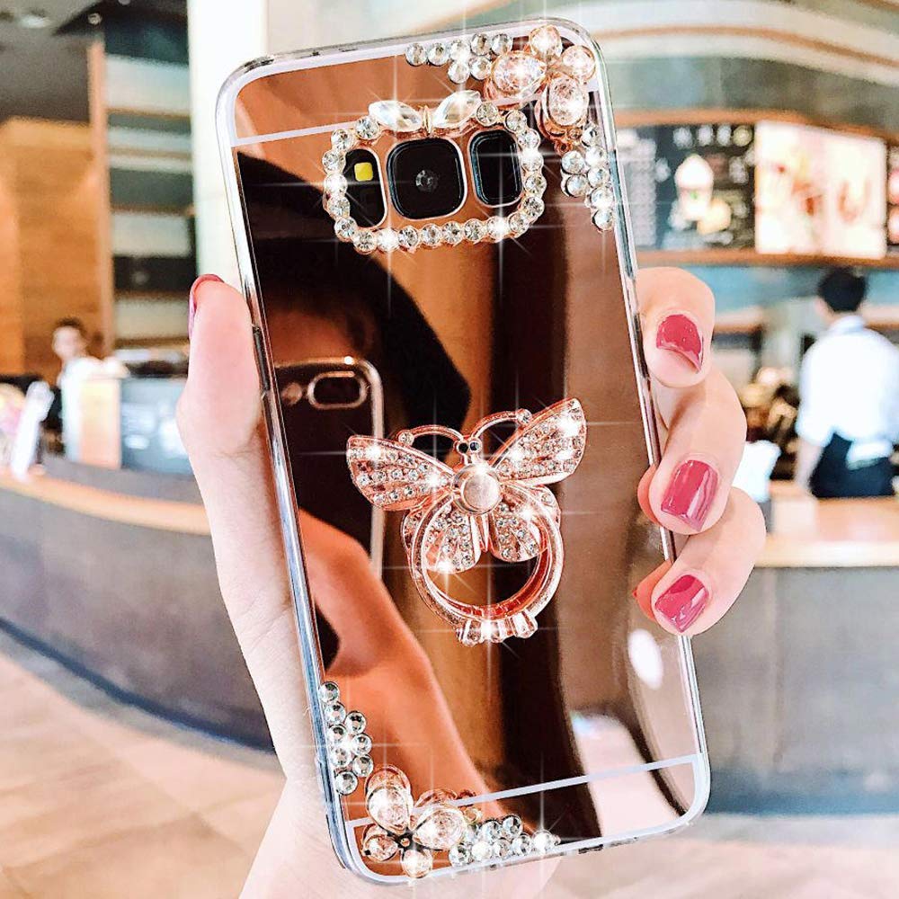 Pepmune for Samsung Galaxy J4 Plus 2018 Case Case Glitter Rhinestone Mirror Back Case with Diamante Butterfly Kickstand Ring Holder TPU Bumper Phone Cover Cases for Samsung J 4 Plus 2018,Butterfly