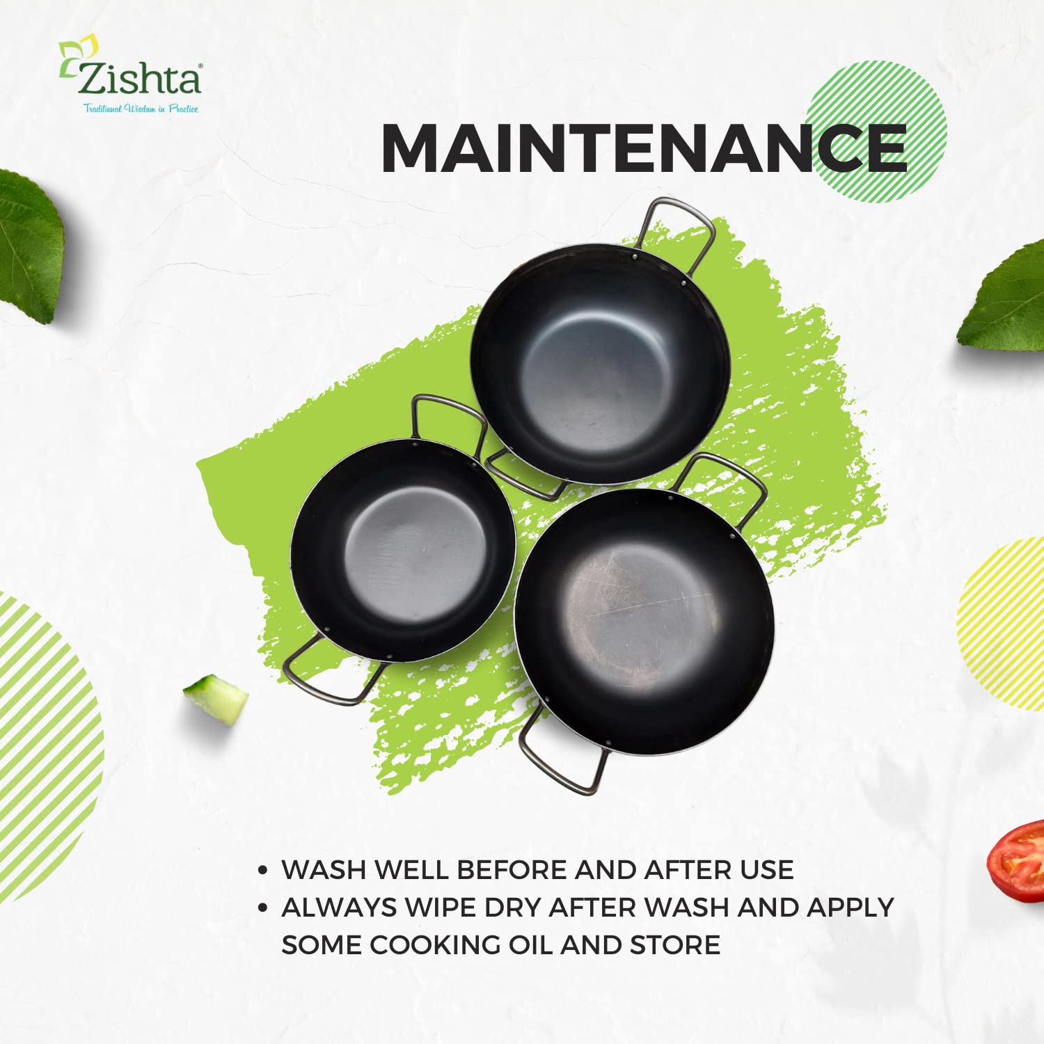 Zishta Pure Iron Flat Bottom Kadai (Large) | Traditional Flat Bottom Iron Kadai & Frying Pan | Induction and Gas Stove Compatible | Flat Bottom Kadai Zishta | Iron Kitchenware Kadai Flat (Dia: 25cm, L: 31cm, Cap: 1.5L, H: 7cm, 0.95 Kg) 4