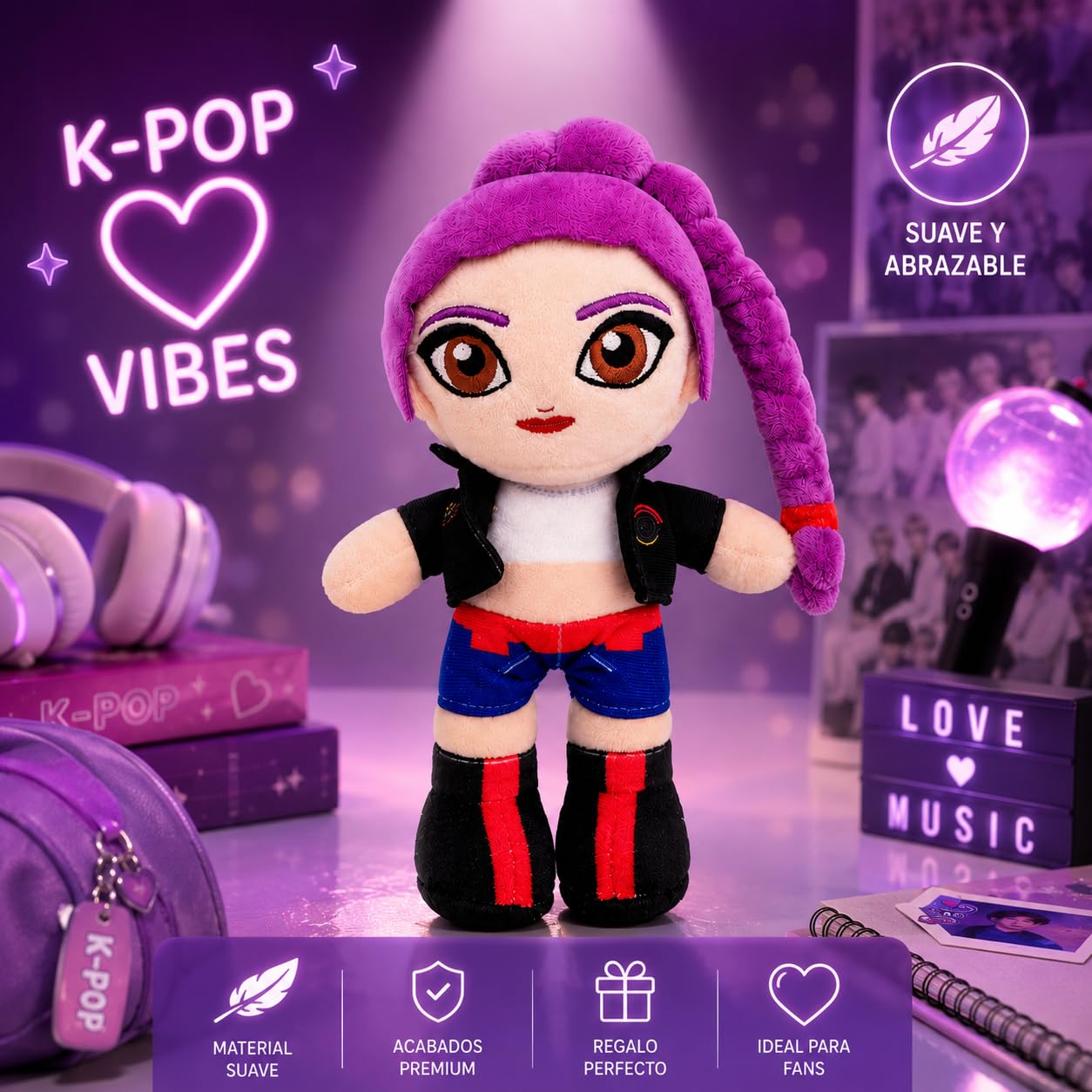 Grupo Moya - Peluche K-Pop Music 20 cm, Muñeca de Tela Suave, Muñeco Decorativo de Poliéster, Regalo para Fans de la Música Coreana, Peluche Coleccionable. (Lila)
