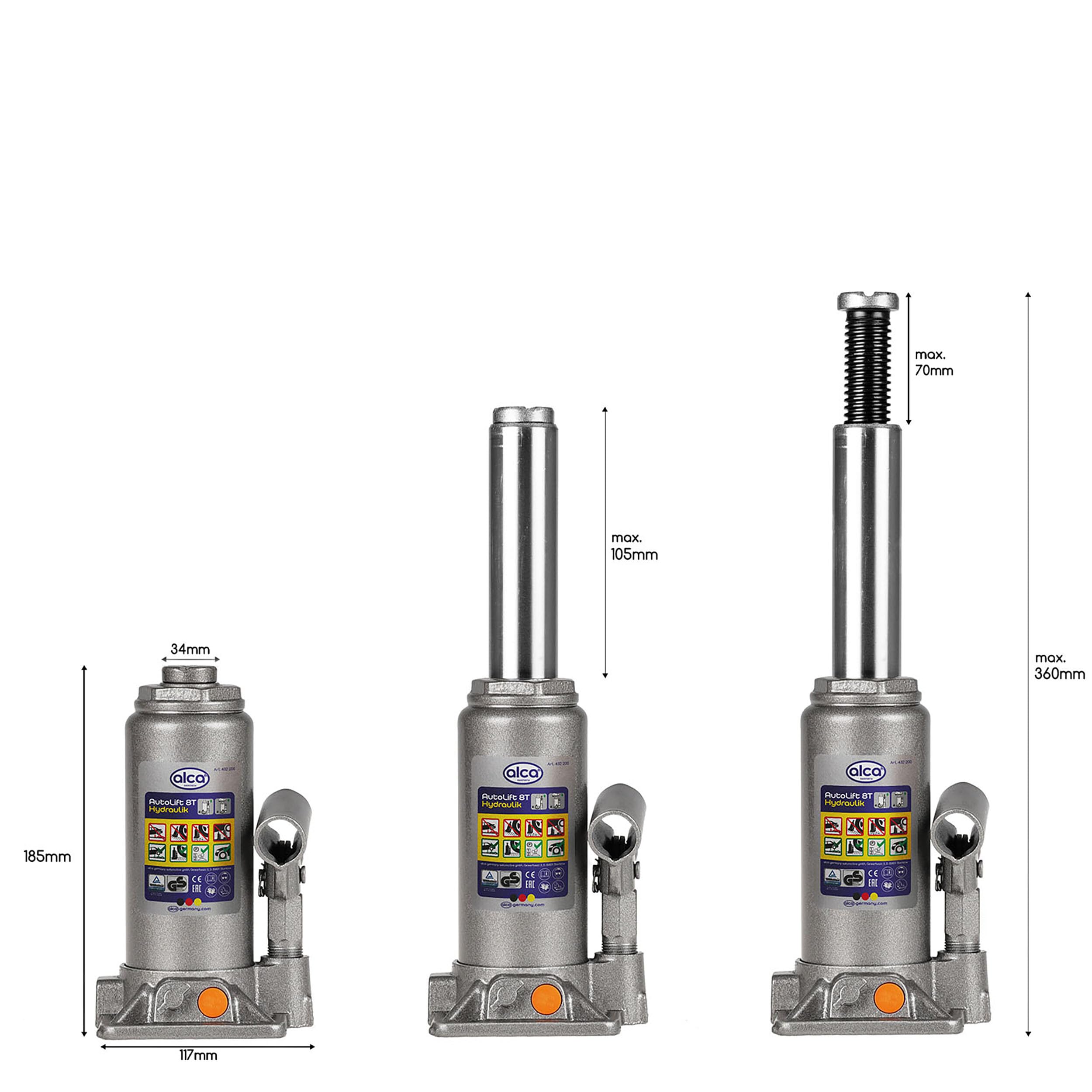 alca® Cric hydraulique 8 t, 185-355 mm Hauteur de Levage
