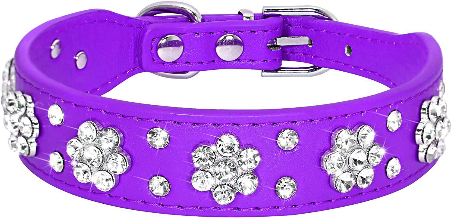 Serijoars Rhinestone Dog Collar, Cute Flower Rhinestone Cat Dog Bling Collar PU Leather Adjustable Sizes XS Small Medium (XS, Purple)