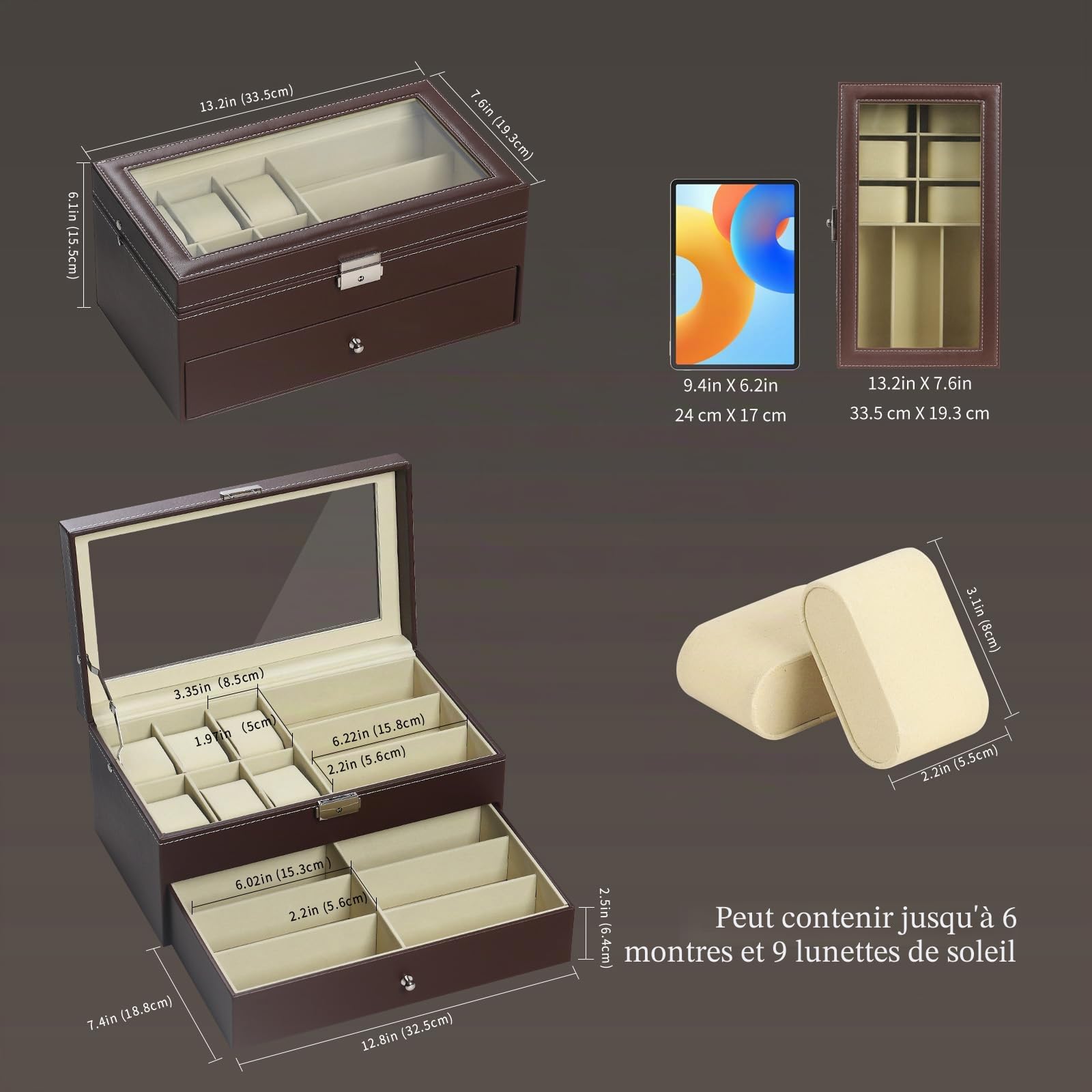 AUTOARK Boîte à bijoux en cuir pour 6 montres et 9 pièces de rangement pour lunettes de soleil avec tiroir verrouillable,Marron,AW-130
