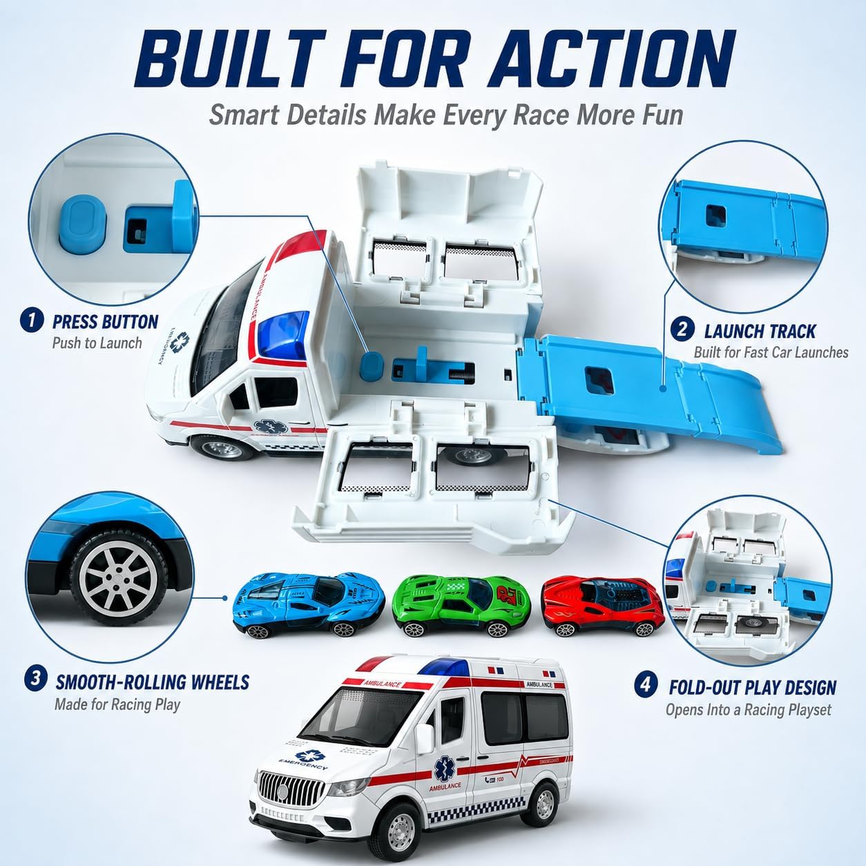 Transforming Ambulance Toy Car for Kids, Launch Track Racing Set with6 Cars