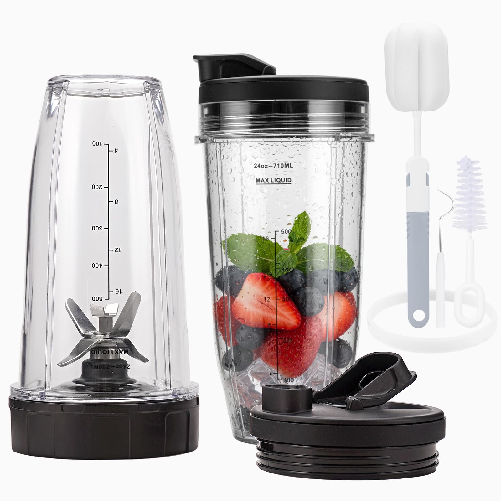 Blender Cups Replacement Parts For ninja,2-Pack 24oz Blender Cups with Sip & Seal Lids,7 fins Blender Replacement blade Compatible with Ninja BN401 BN751 BN801 BL480-30 BL642-30 BL682 BL687 NN102