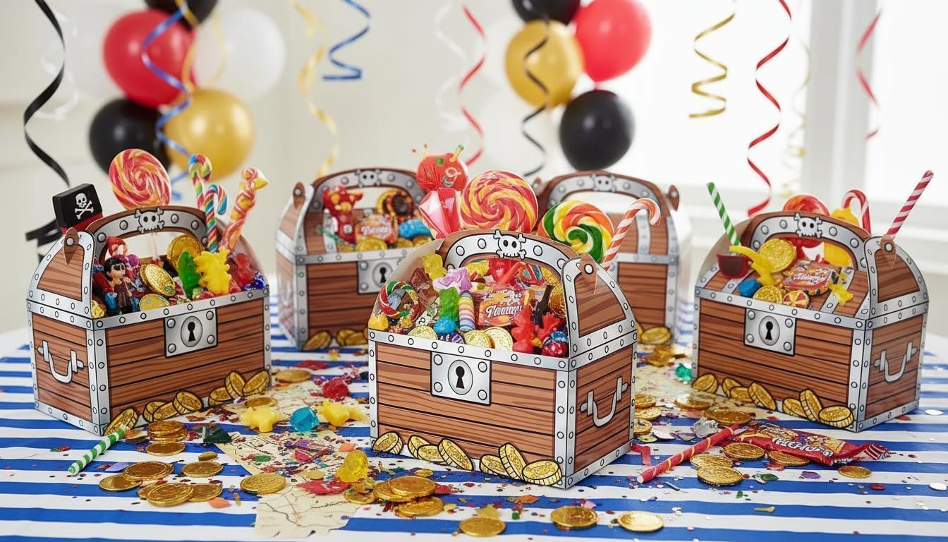 Zugar Land Pirate Treasure Chest Treat Box (6.5" x 6.5" x 3.5") Paper Cardboard. Decoration Party Favor Goodie Candy Box Grab Bag (48)