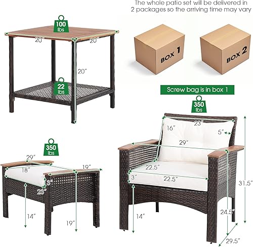 Miniatura 5 de RELAX4LIFE Juego de muebles de patio de 5 piezas, juego de conversación de ratán PE con 2 sillas, 2 otomanas y 1 mesa auxiliar, silla de mimbre de