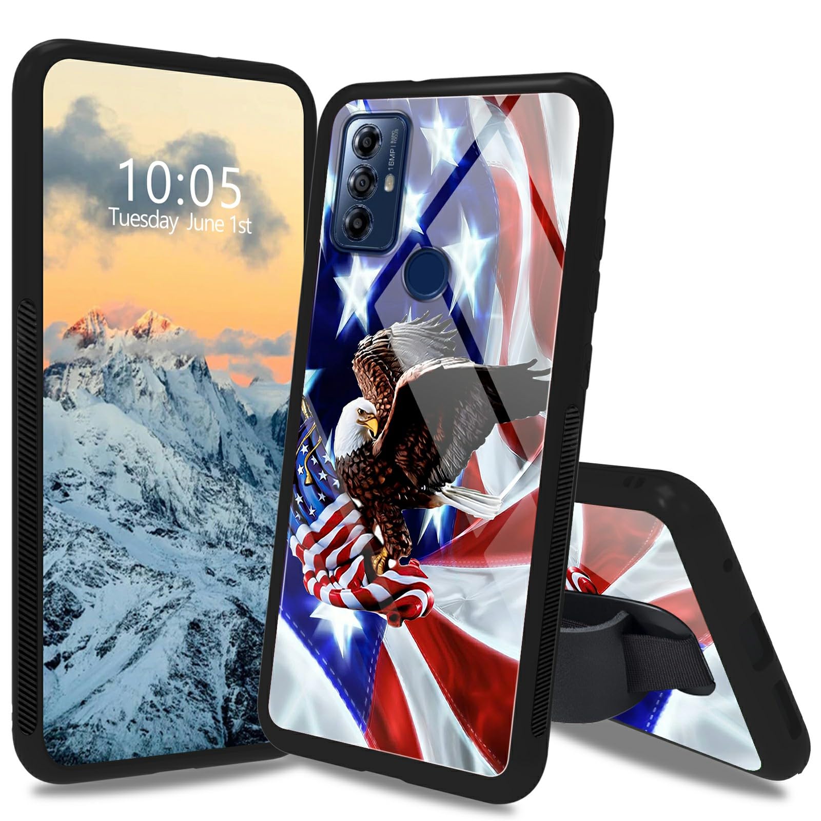 Dikoer for Moto G Play 2023 6.5" Case with Stand/Strap, Tempered Glass Back and Four Corners Shock Absorption Non-Slip Stripe Soft TPU Case for Motorola Moto G Play 2023, American Flag