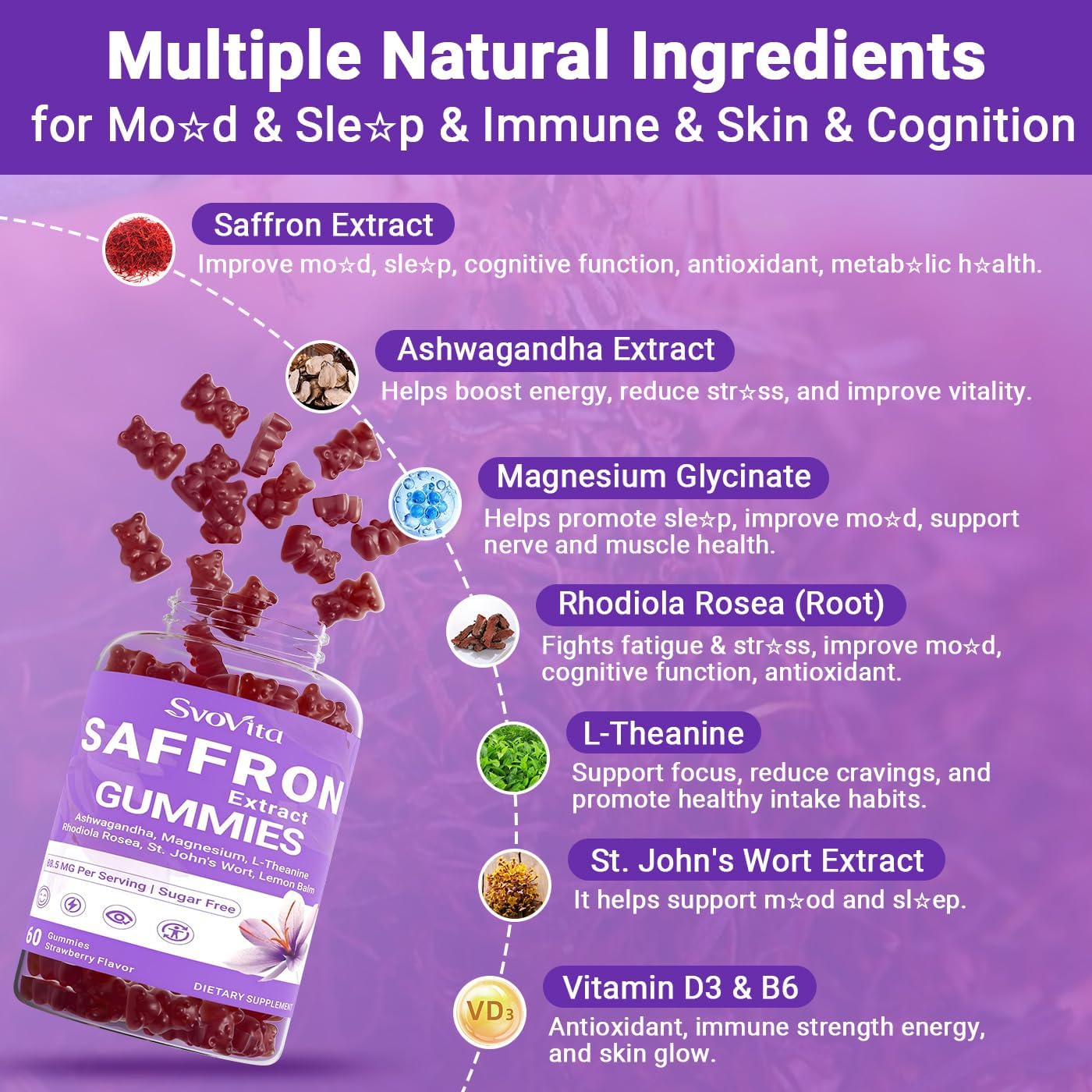 Saffron Gummies Supplements with 88.5 mg Saffron Extract, Magnesium Glycinate, L-Theanine, Ashwagandha, Rhodiola Rosea, St. John’s Wort - Sugar Free 120 Count