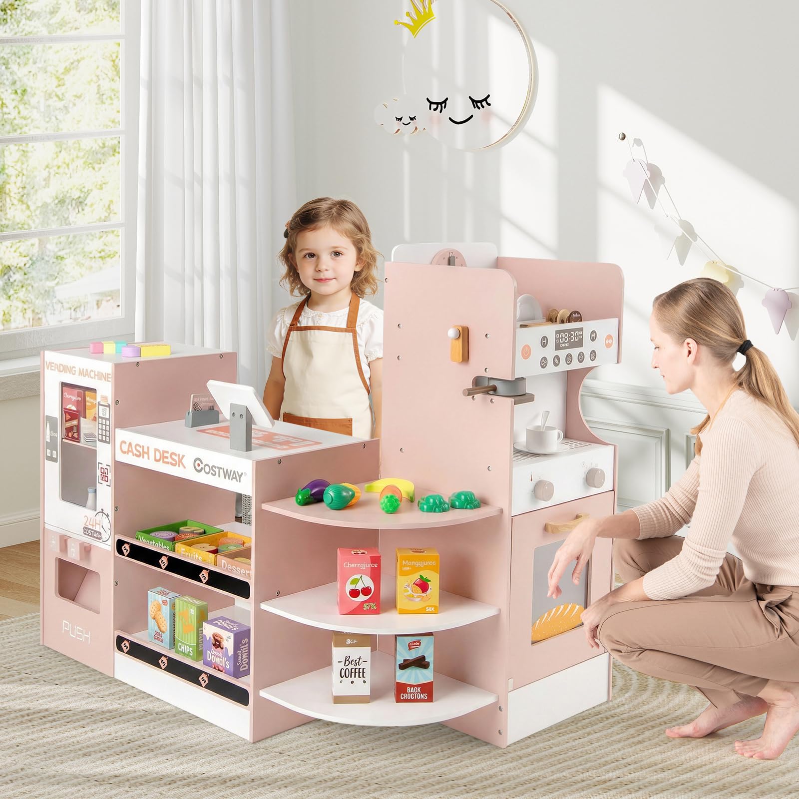 COSTWAY Mercato Giocattolo per Bambini, Negozio Giocattolo in Legno (Rosa) | con Cassa, Macchina Caffè e Distributore Automatico, Banco Mercato Giocattolo con Scaffali e 30 Accessori, per Bambini 3+ Ann