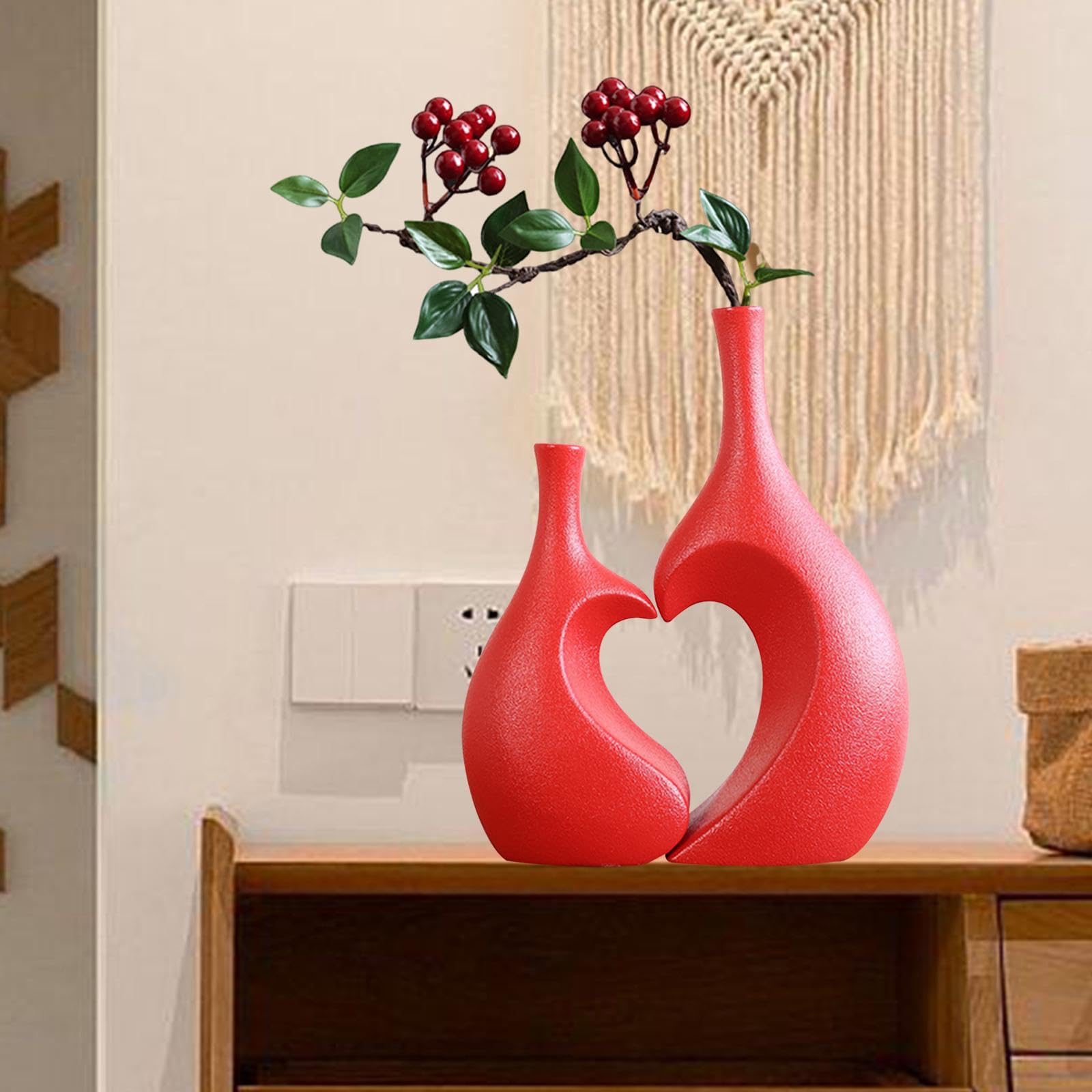 2 Vasi in Ceramica, Vasi Decorativi, Sculture, Portafiori dal Design Moderno a Forma di Cuore E Finitura Opaca per Matrimoni, Regali E Soggiorni, Rosso