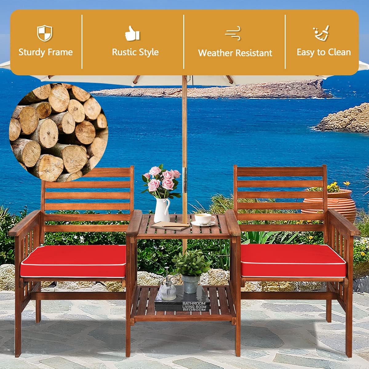 DORTALA Outdoor Loveseat with Table, Acacia Wood Table Chairs Set with Cushions, 2-Seater Patio Furniture Set for Balcony, Porch, Backyard, Deck, Red