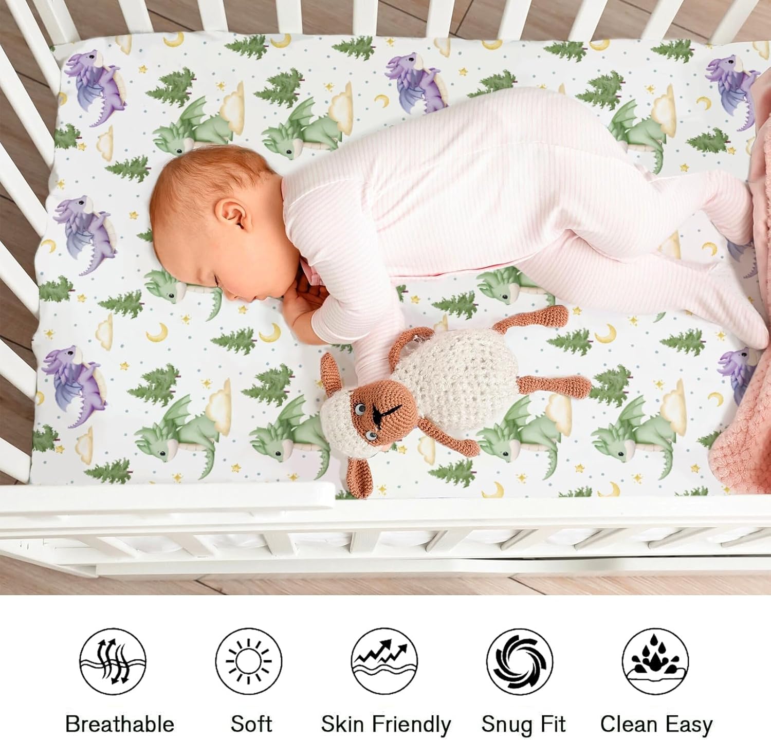 Fairy Tale Dragons Baby Crib Sheets for Boy Girl 52"x28" Fantasy Dragon Stars Clouds Forest Soft Fitted Nursery Bed Sheets Cute Animal Baby Sheet for Standard Crib Mattress & Toddler Bed Mattress