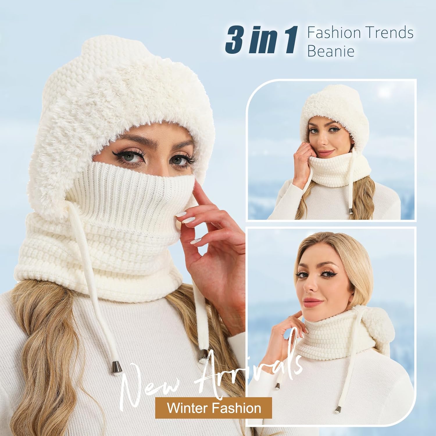 Sumolux 3 in 1 Beanie Hat for Women with Fleece Lined Scarf and Mask Outdoors Windproof Knitted Ski Mask Set - Image 4