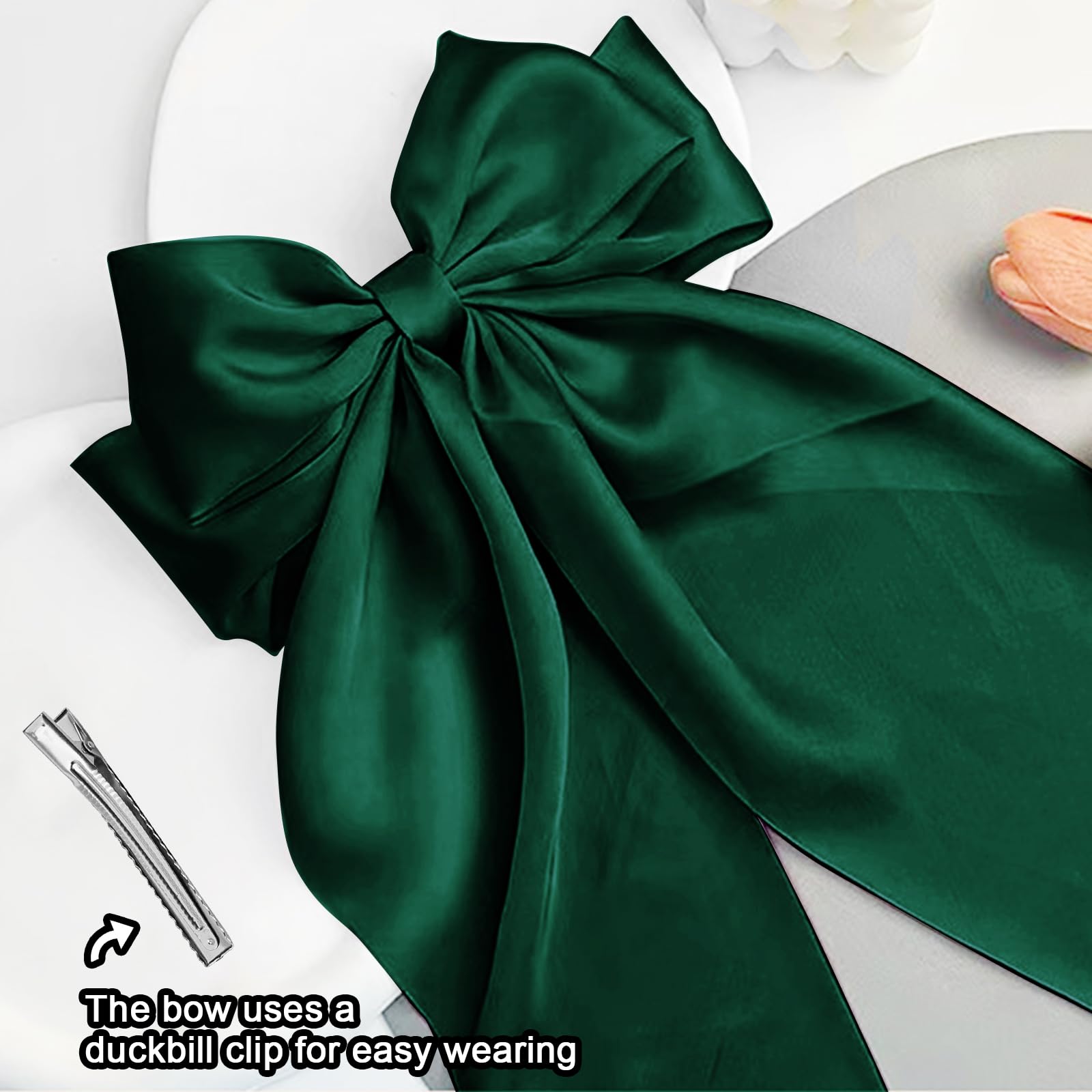 Pasadores grandes de satén para el cabello, lazos verdes para niñas, accesorios para el cabello, regalos para mujeres, pinzas para el pelo con lazo grande para Navidad con pasadores de lazo con clips