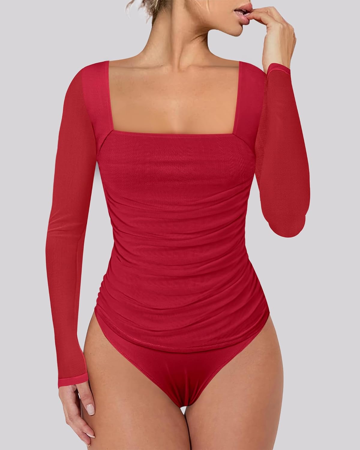 Chunpin Women's Bodysuits Square Neck Long Sleeve Bodysuits Mesh Ruched Thong Body Suit Outfits Going Out Tops - Image 6