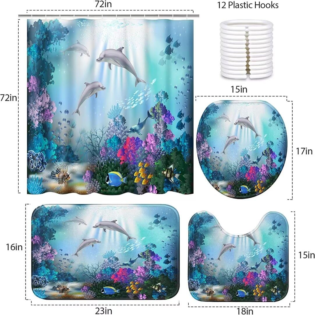 Yizheer Set di 4 tende da doccia per bagno con delfino marino e corallo, con 12 ganci, tappetino da bagno a forma di U, materiale PEVA, 182 x 182 cm, decorazione per bagno per vasca da bagno (blu)