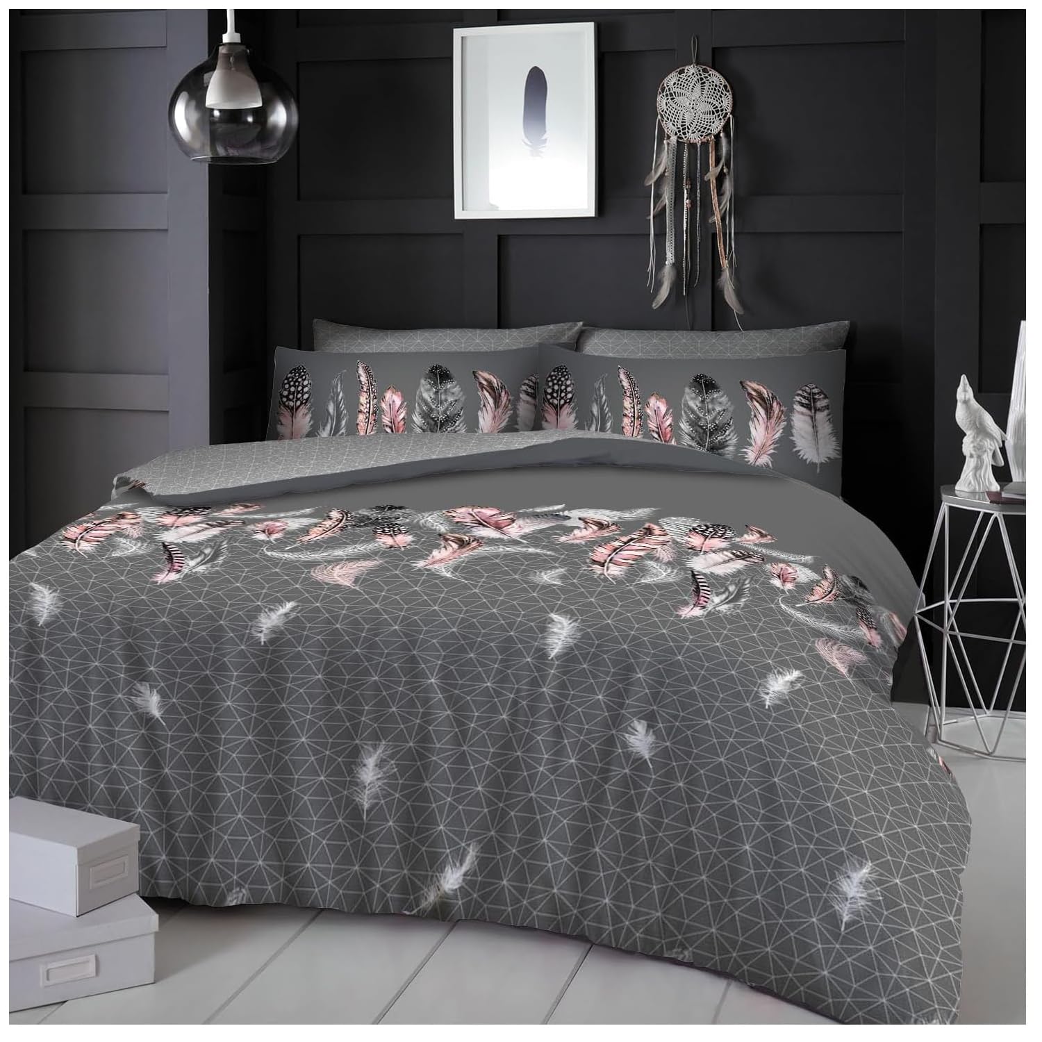 GC GAVENO CAVAILIA Feather Duvet Cover Set - Geometric Kingsize Bedding Set Reversible Diamond Shape Quilt Cover Set With Matching Pillowcases - Grey - 230 x 220 Cm