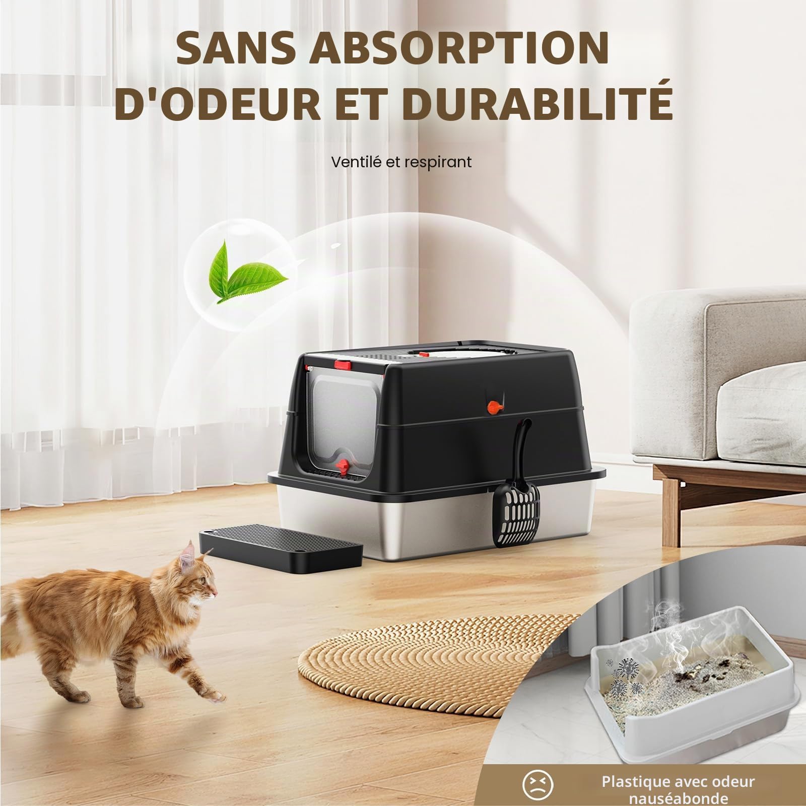 Bac à litière en Acier Inoxydable, métal SUS304, Couvercle Rabattable Amovible et Conception fermée à Bords Hauts, Toilettes pour Chat XXL | Contrôle des odeurs | Anti-fuites | avec Pelle, pédale