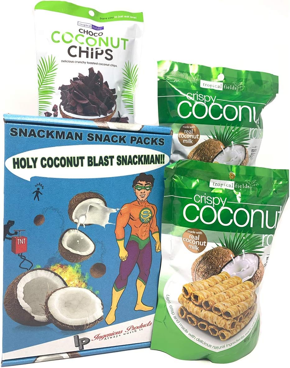 SNACKMAN SNACK PACKS Coconut Variety Pack with (2) Crispy Coconut Rolls (1) Crunchy Toasted Chocolate Chips (MEDIUM BOX)