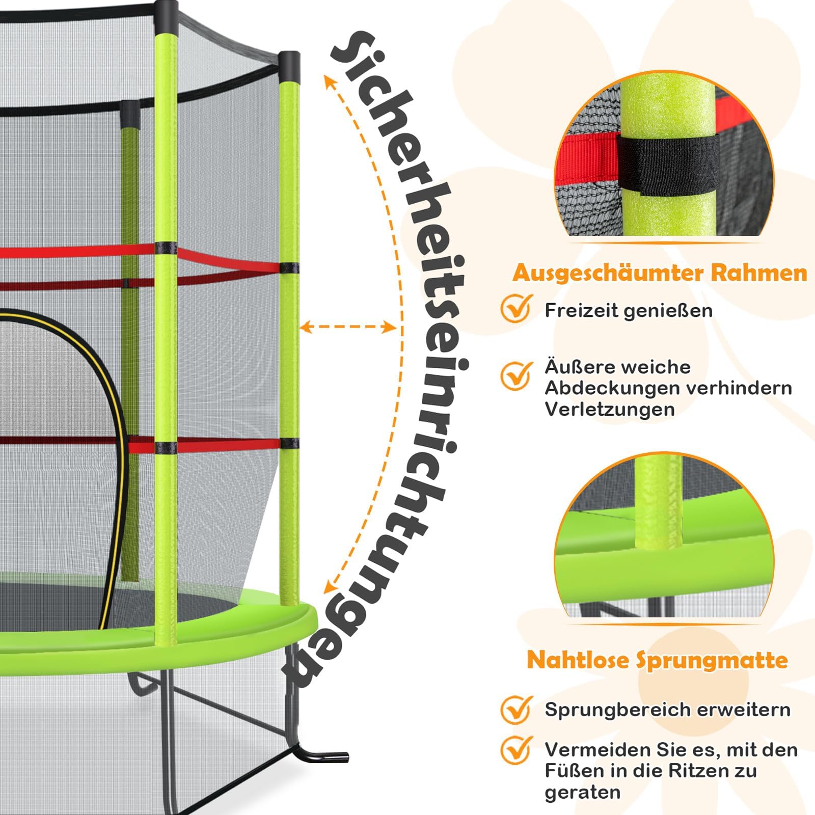 COSTWAY Ø165cm Gartentrampolin mit Sicherheitsnetz, Trampolin bis 135KG belastbar, Indoor-/Outdoortrampolin für Kinder ab 3 Jahre