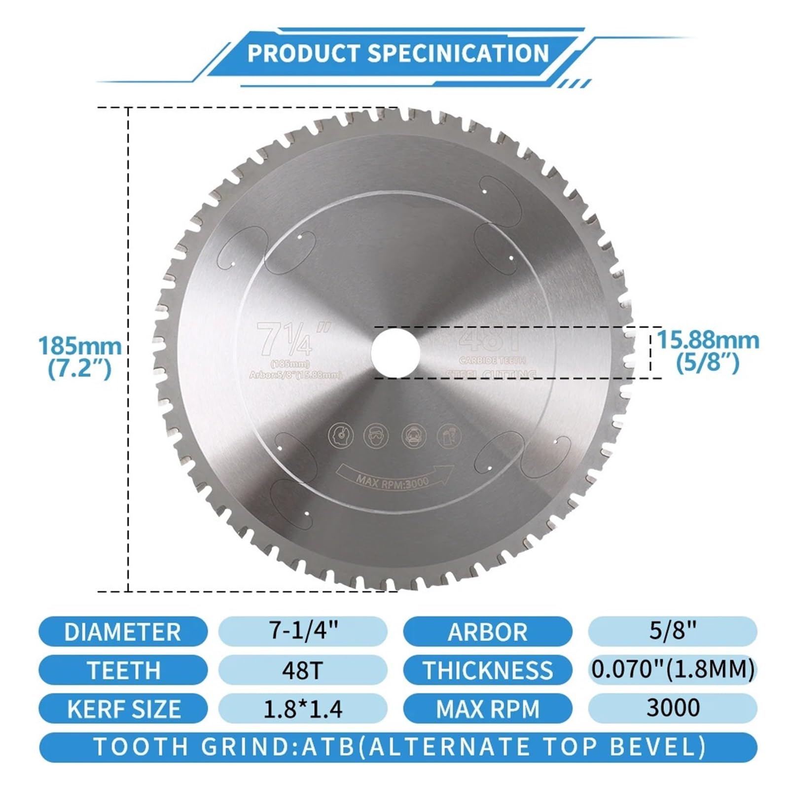 Sierra circular de carburo for corte metales, hoja 185mm/7 pulgadas 36T/48T for acero hierro(48T)