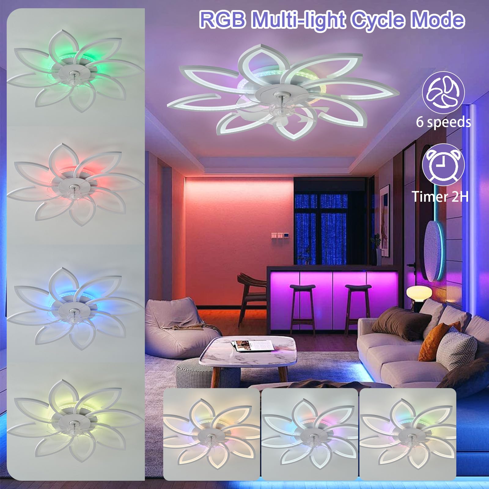 RGB Deckenlampe mit Ventilator und Fernbedienung Leise Reversibel Deckenventilator mit Beleuchtung Dimmbar 6 Gang DC Smart Deckenleuchte mit Ventilator Weiß 7 BläTter für Wohnzimmer-87cm