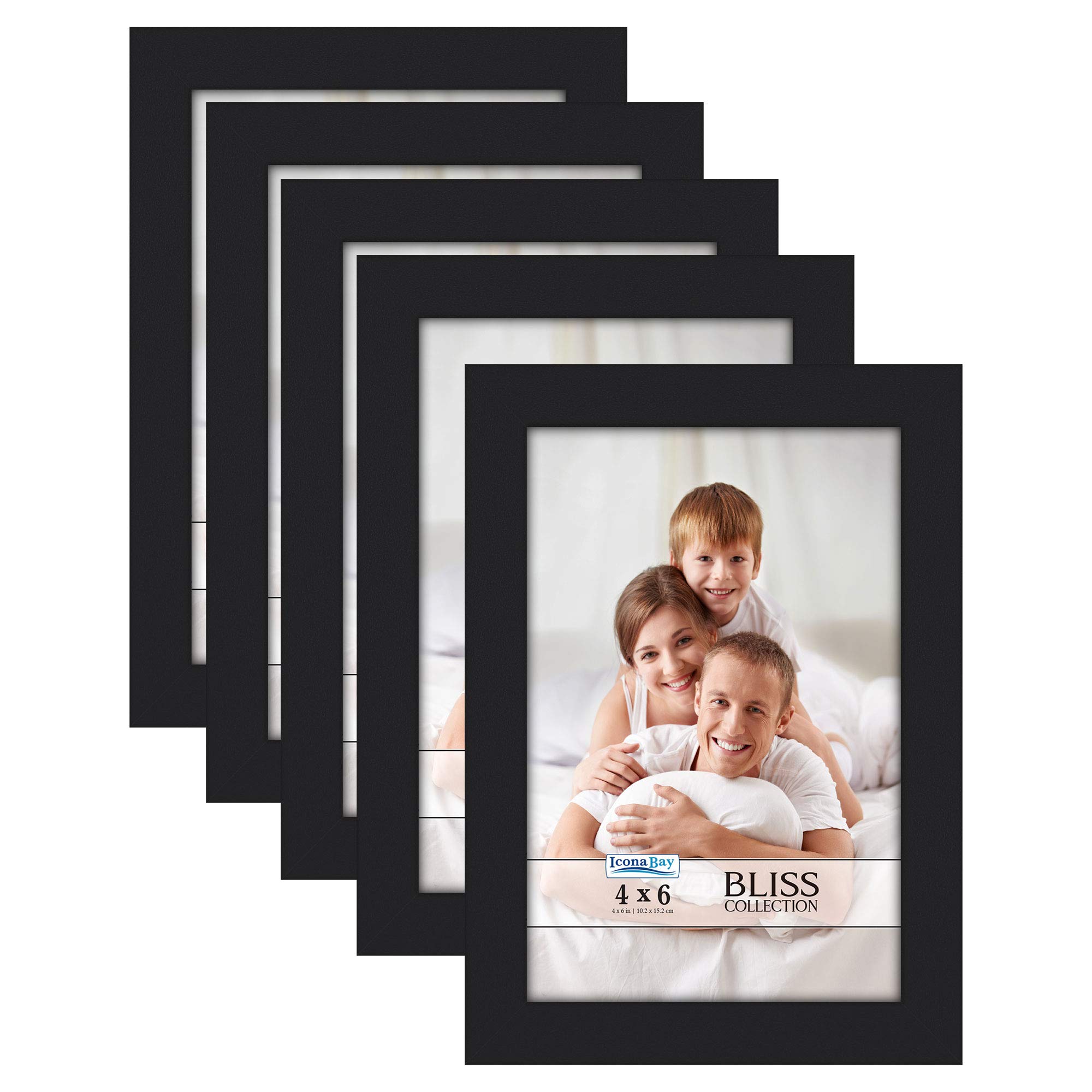 Icona Bay4x6 Picture Frames (Black, 5 Pack), Modern Style Wood Composite Frames Table Top or Wall Mount, Bliss Collection