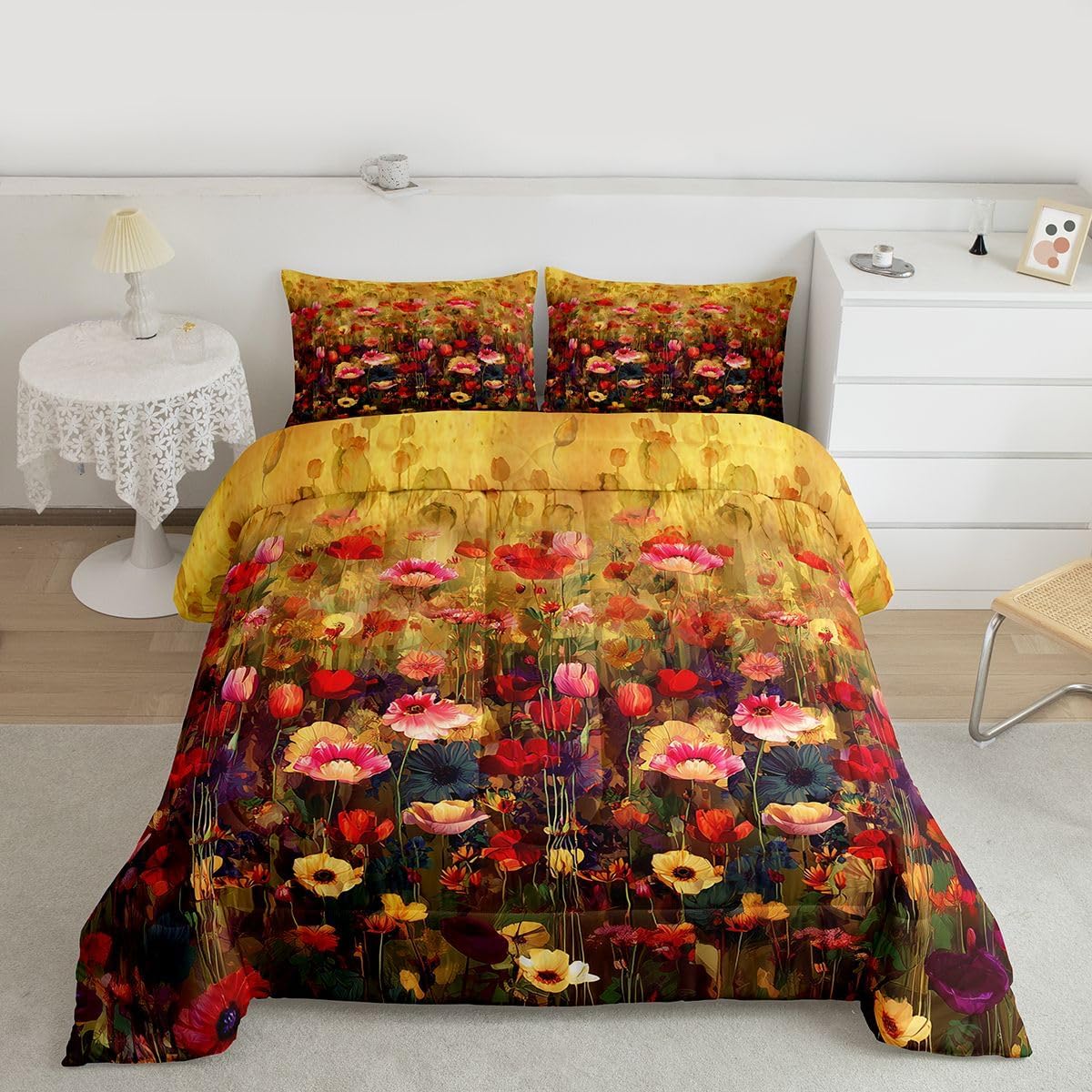 Erosebridal Poppy Duvet Sets Red Flower Bedding Set Queen Size Floral Watercolor Comforter Set for Kids Boys Girls Adult, Garden Theme Quilted Duvet Rustic Country Farmhouse Decoration
