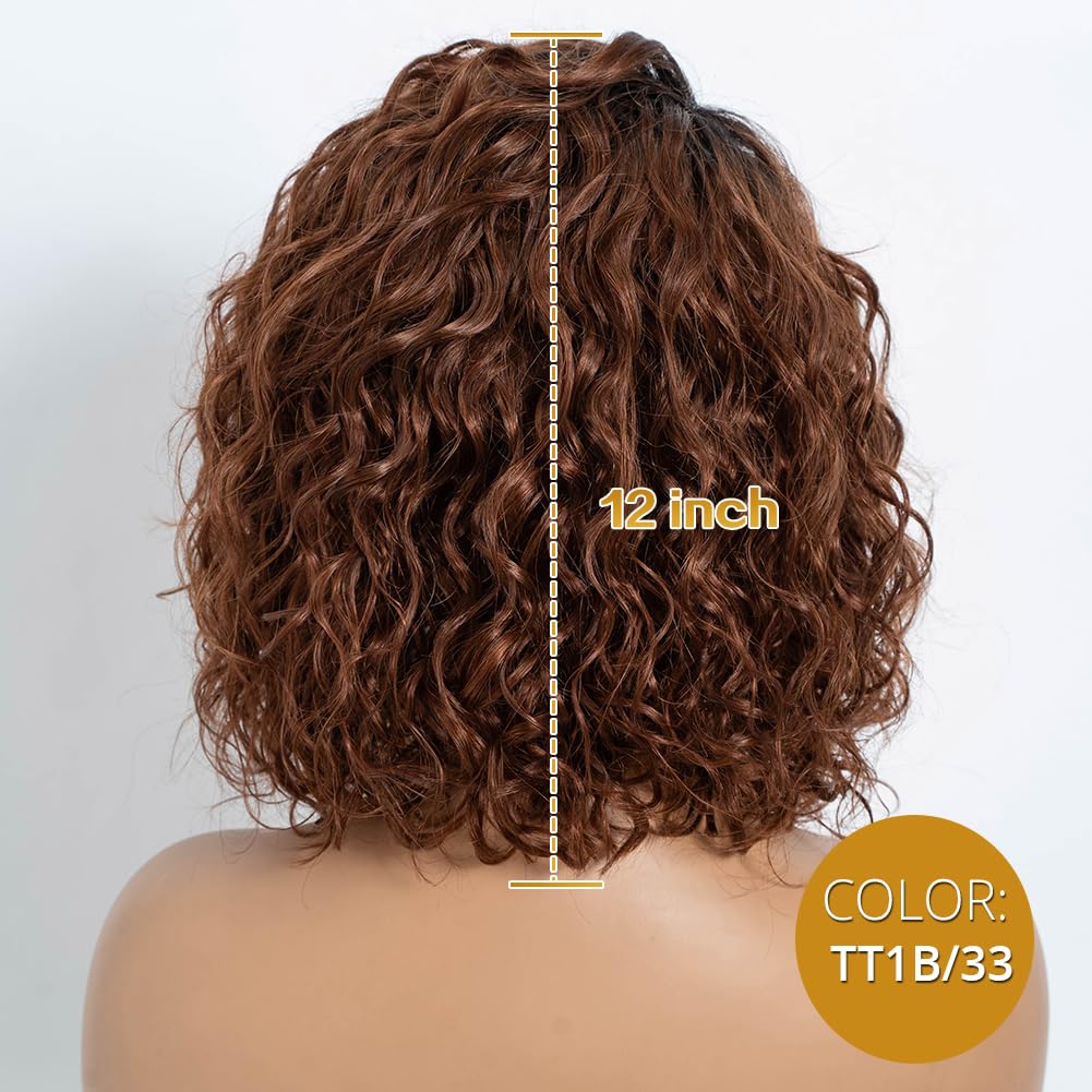 Joedir Bob Human Hair Wigs for Black Women Wear and Go Wig Water Wave Wig Afro Curly HD Lace C Parting Glueless 12 Inches 180% Density (TT1B/33)