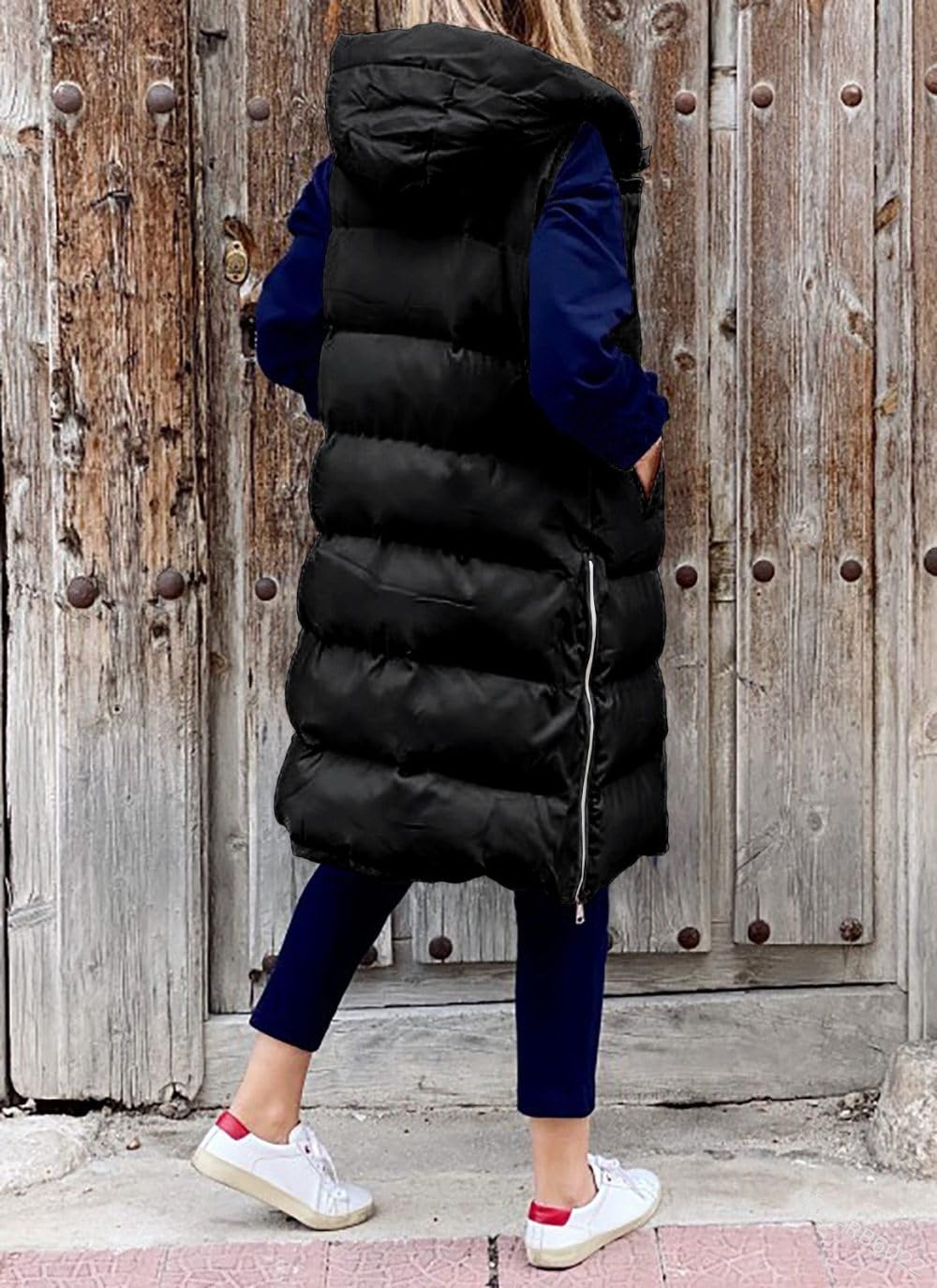 Chalecos Largos Con Capucha Para Mujer Chaleco Acolchado Cálido Acolchado De Invierno Chaqueta Sin Mangas Con Cremallera Chaleco Parka Informal Al Aire Libre Ropa De Abrigo,Negro,M