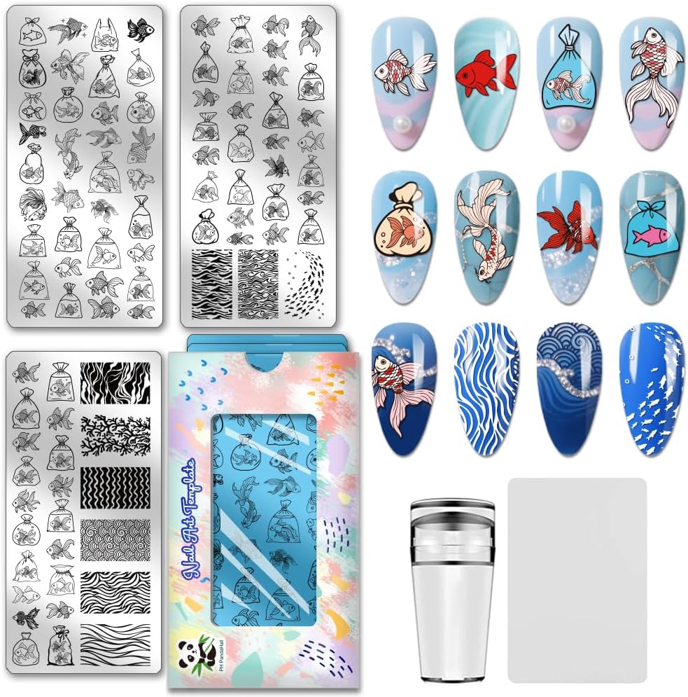 PH PandaHall 92 Patterns Fish Nail Stamping Plates 3pcs Bagged Fish Nails Art Templates Cute Animal Nails Image Plates Wave Texture Manicure Art Stencils for Women Manicures Salon DIY Design Printing