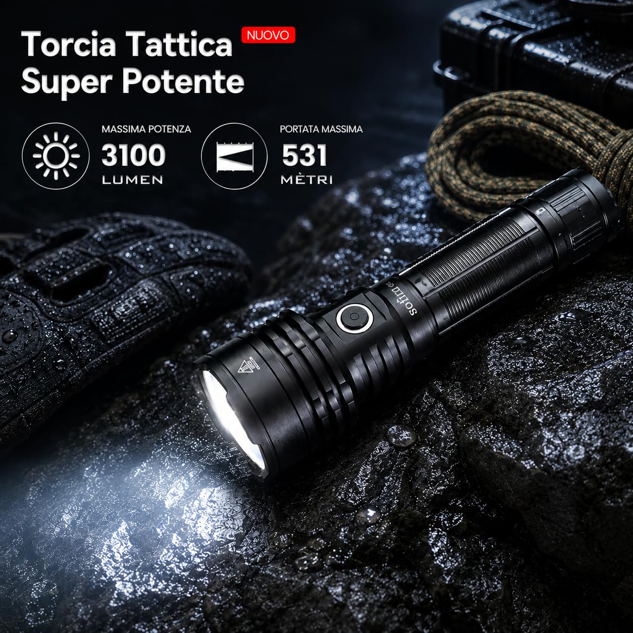 Sofirn C8L Torcia LED Ricaricabile,Torcia Tattica 531M, Super Luminosa, 3100 lumen,USB-C,Impermeabile IPX8,con Interruttore Laterale + Posteriore,per la Campeggio all'aperto, Escursionismo e Alpinismo
