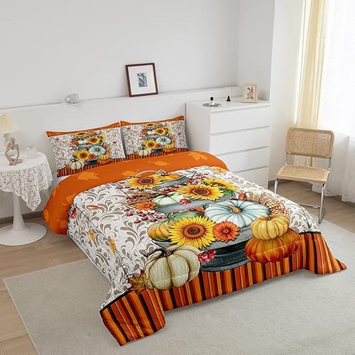 Miniatura 2 de Juego de edredón de calabazas de otoño, tamaño Queen, girasoles y hojas de arce, juego de ropa de cama para el día de Acción de Gracias, decoración