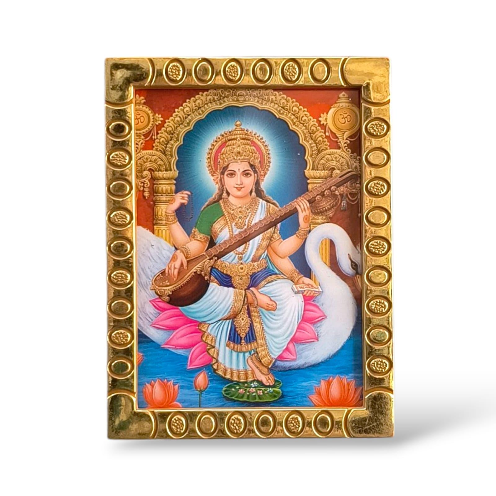 Small Maa Saraswati Table Top Photo Frame – Golden Finish | 9 x 6.5 cm | Religious Frame for Home Temple, Study Table & Office-image-39