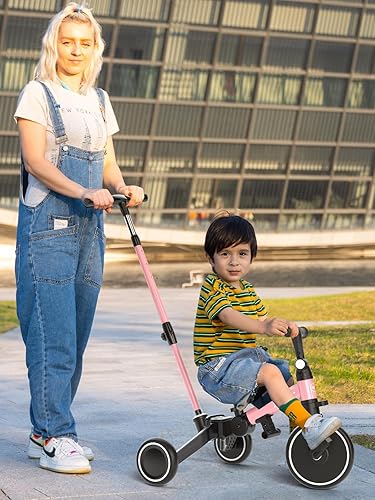 Miniatura 8 de XJD Bicicleta para niños pequeños, triciclo plegable 6 en 1 para niños de 1 a 4 años con mango de control parental, bicicleta de equilibrio con