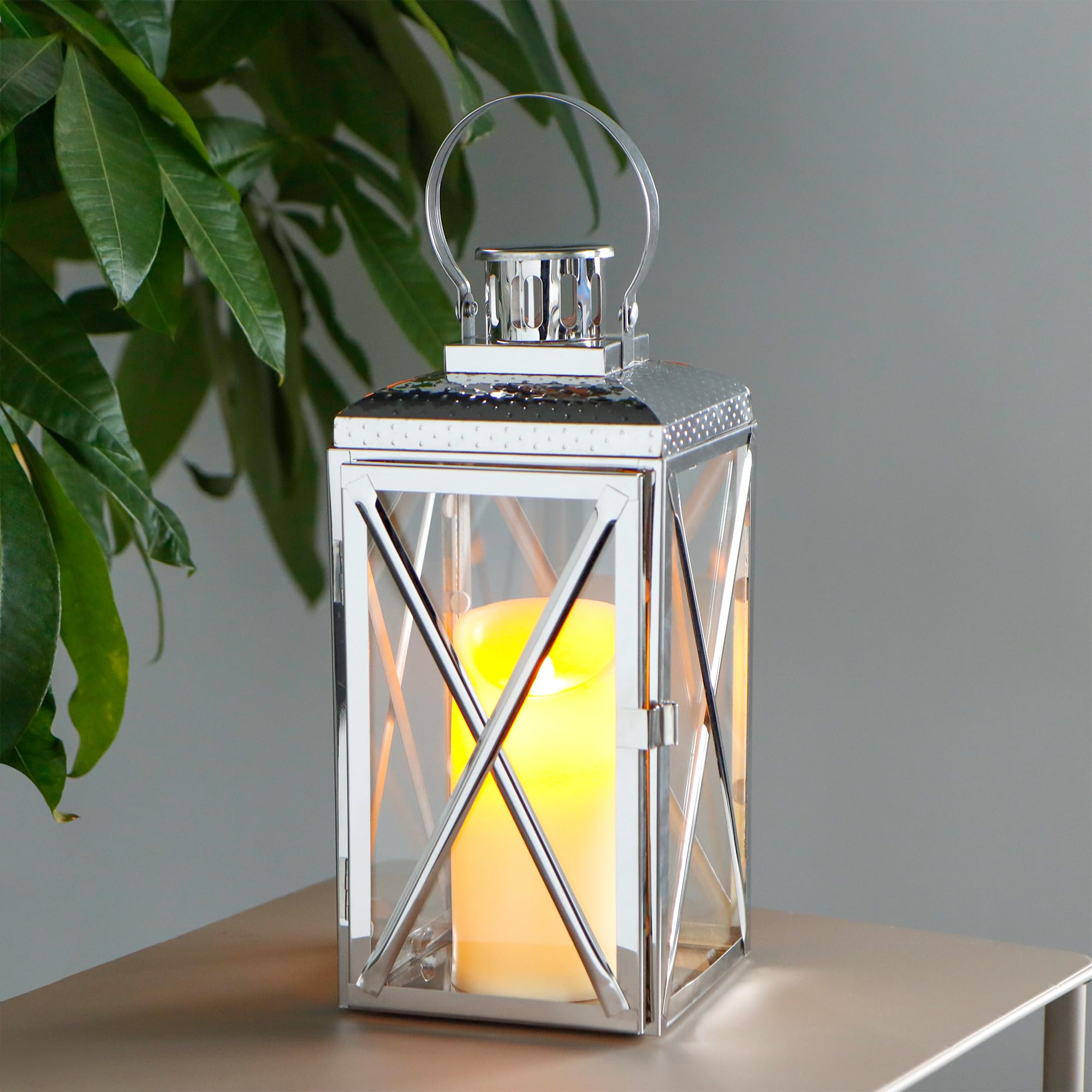 Trirocks Sliver Stainless Steel Decorative Lantern 36 Cm High Metal Candle Holder With Tempered Glass For Garden Home Decor Living Room Parties Weddings Events Tabletop Patio Indoors Outdoors (Silver)