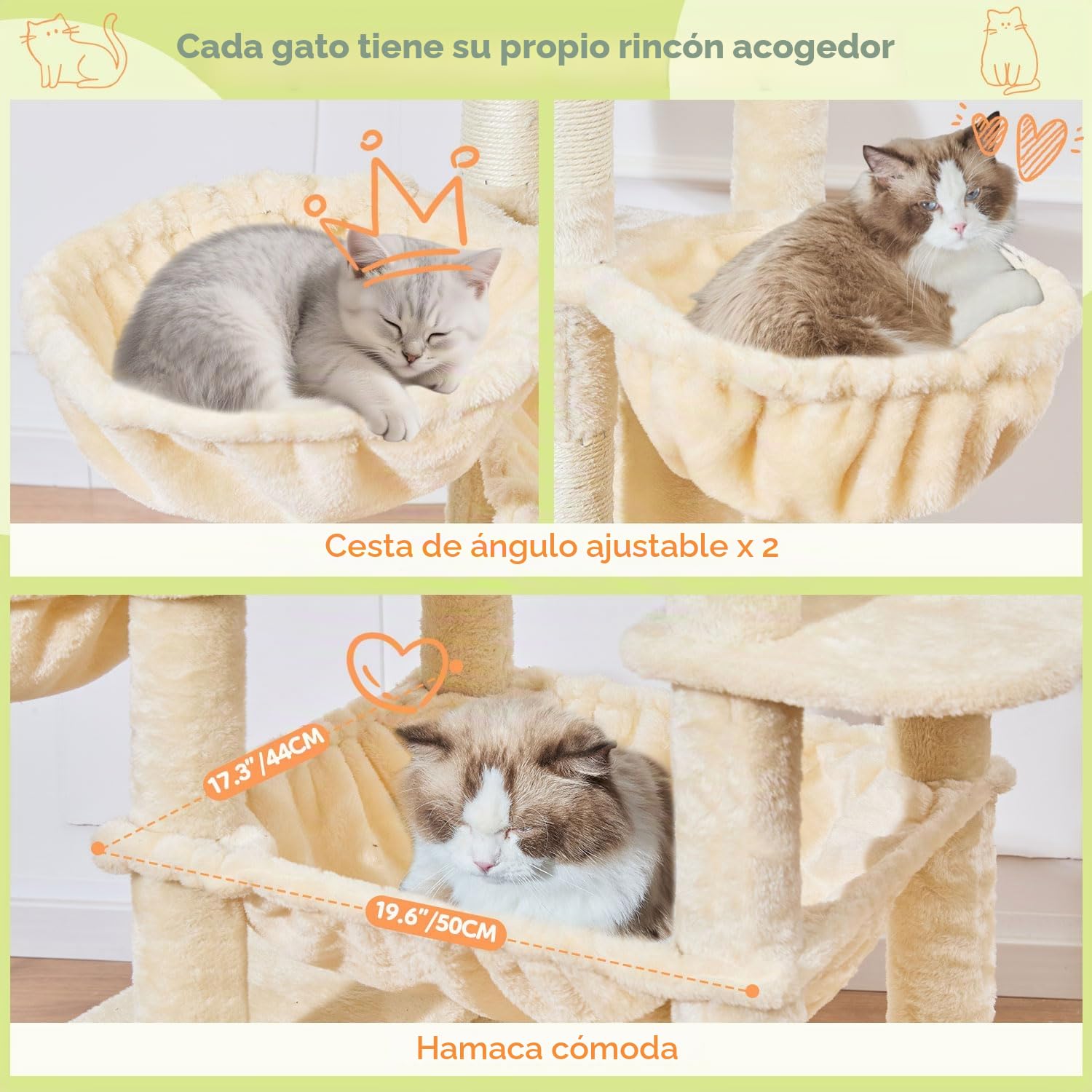 Taoqimiao Rascador para Gatos Grandes, 183cm Arbol Rascador para Gatos com 2 Espacioso Cuevas, 2 Cesta, 7 Poste de Sisal, Hamaca,F20M Beige