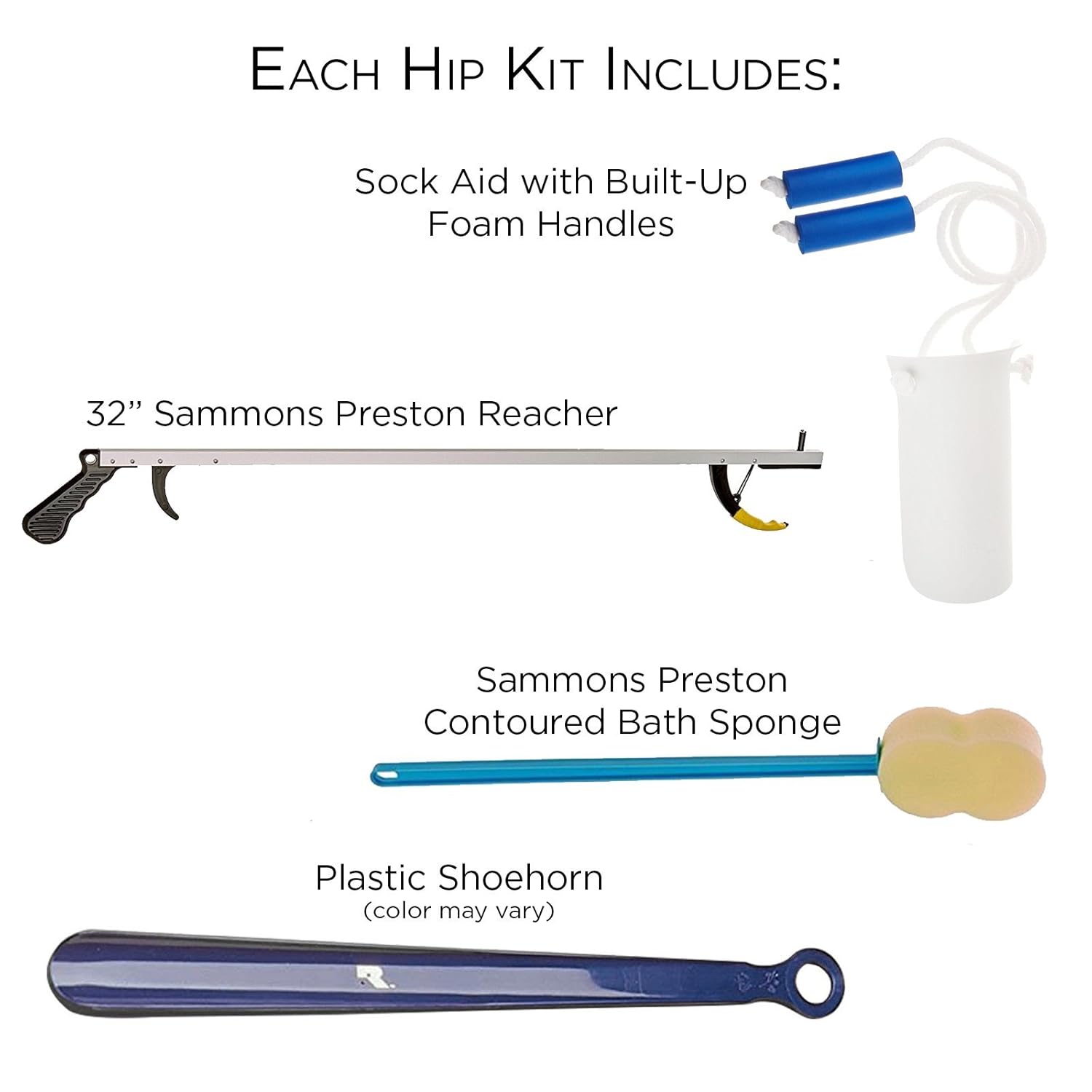 Sammons Preston Complete Hip & Knee Equipment Kit with Four Daily Living Tools, Care Kit for Hip or Knee Surgery or Fall Recovery, Includes 32" Reacher, Sock & Dressing Aid, Shoehorn, & Bathing Sponge : Health & Household