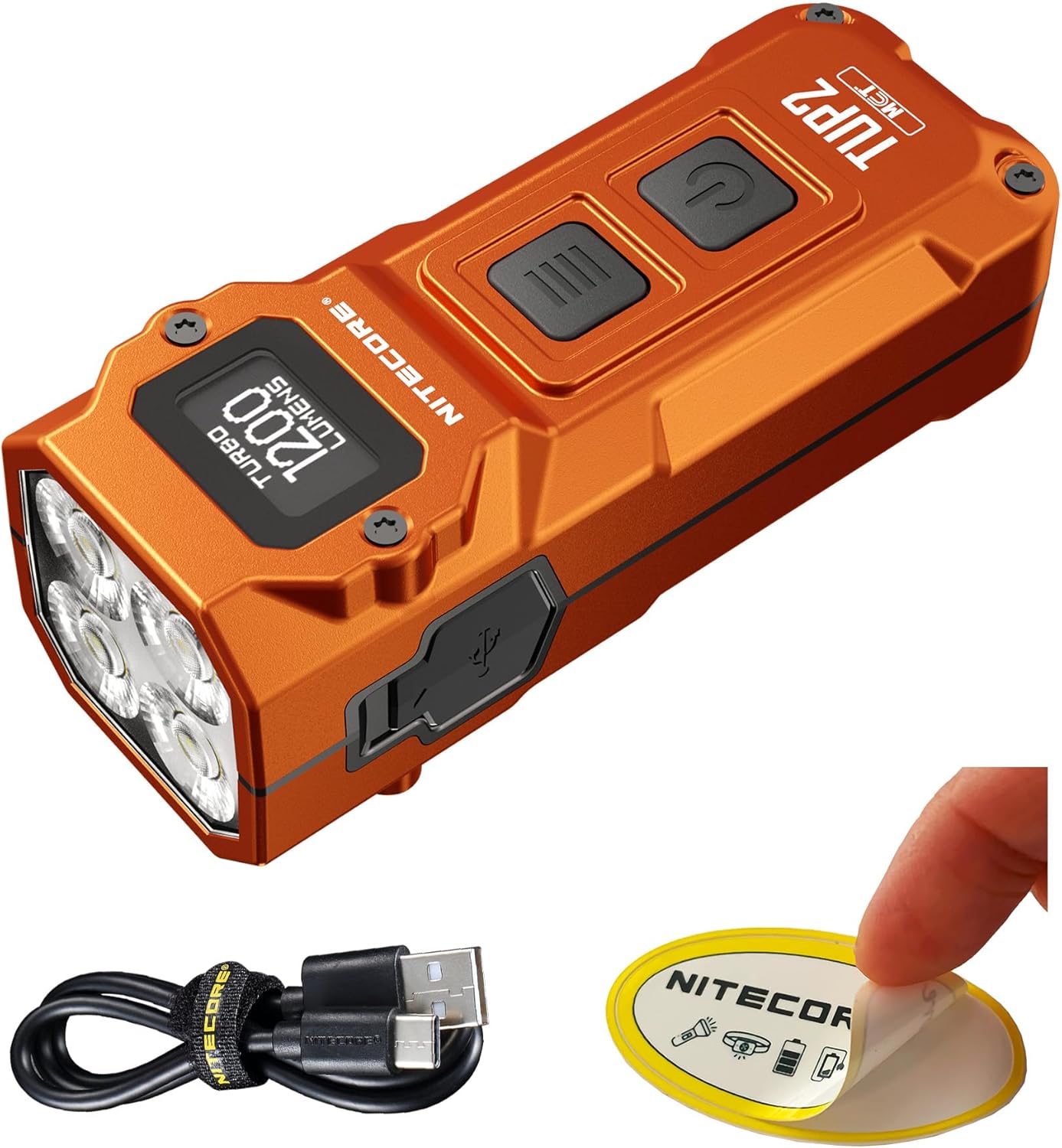Nitecore TUP2 flashlight, USB-C charging cable, and NSticker