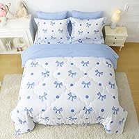 Vista 6 de Wajade Juego de edredón de 7 piezas con lazo azul para niñas, juego de ropa de cama tamaño individual con sábana y 2 fundas de almohada, 2 fundas