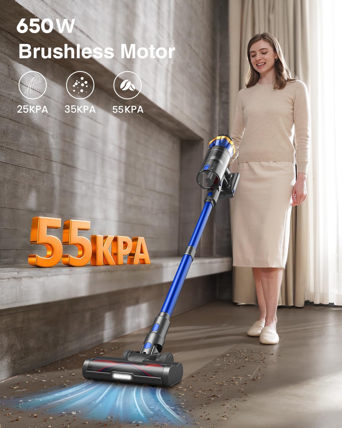 Cordless Vacuum Cleaner, Upgraded 650W 55KPA 70Mins Vacuum Cleaners with Self-Standing and Touch Screen, Anti-Tangle, Rechargeable Vacuum, Stick Vacuum for Pet Hair, Carpets, Hard Floors & Car — view 2
