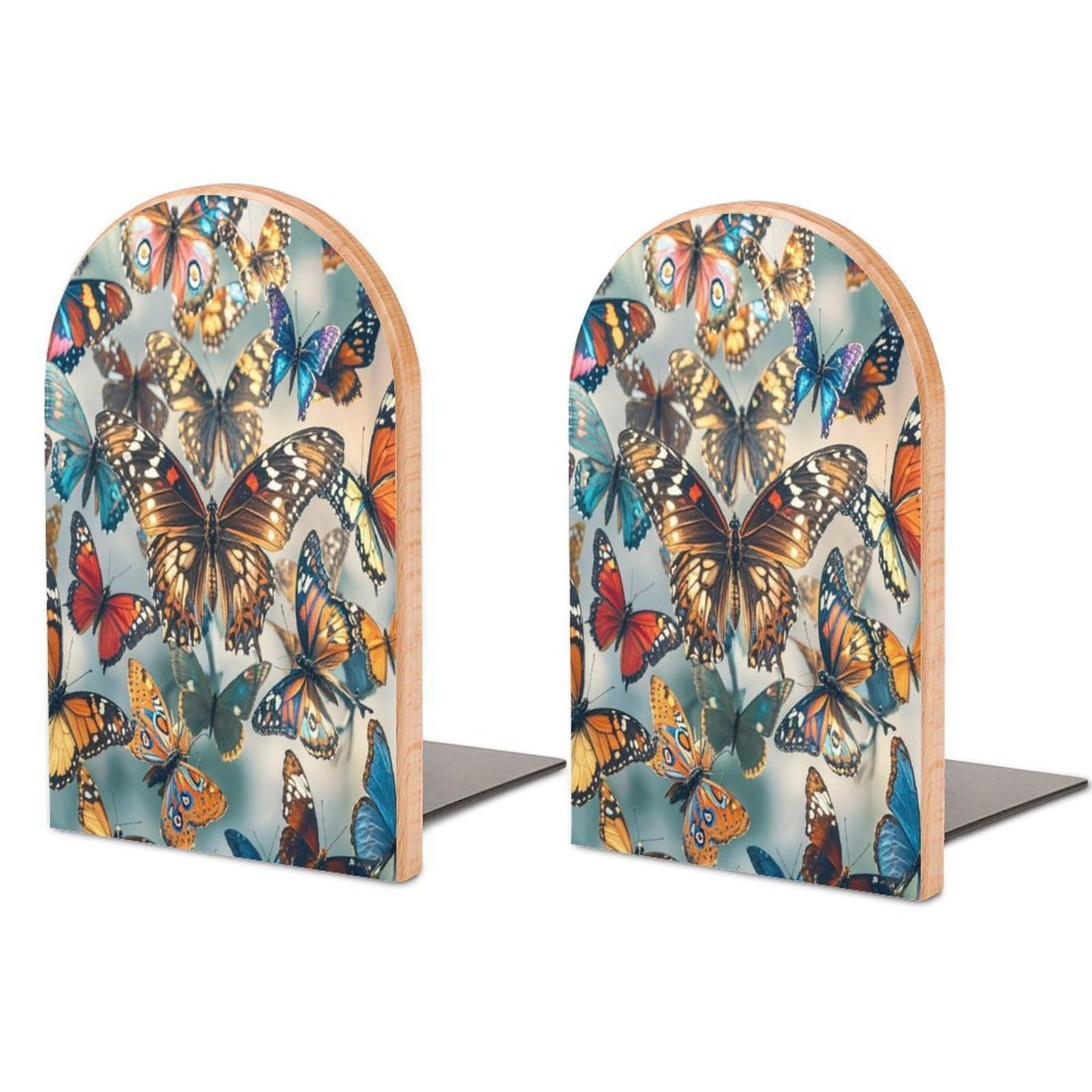 Butterflies Book Ends Wood Non-Skid Bookend for Shelves Heavy Duty Bookends with Metal Base Decorative Books Stopper Desk Organizers Book Dividers for Office Home 1 Pair