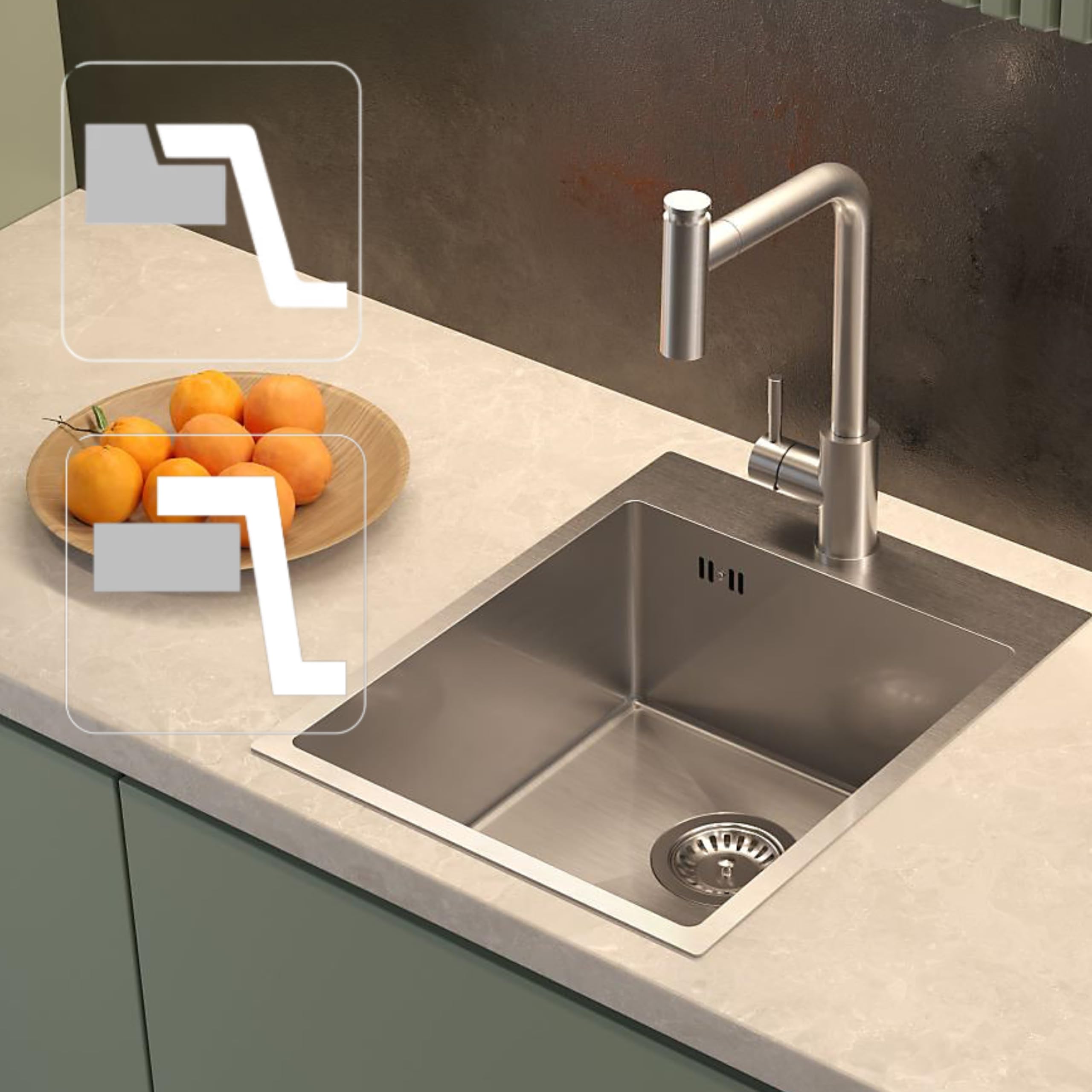 QUADRON fregadero plata | tamaño 40 x 50 cm | fregadero de un seno RUSSEL 90 fregadero de cocina de un seno con cámara de acero fregadero de acero inoxidable | con sifón y tapón de rosca