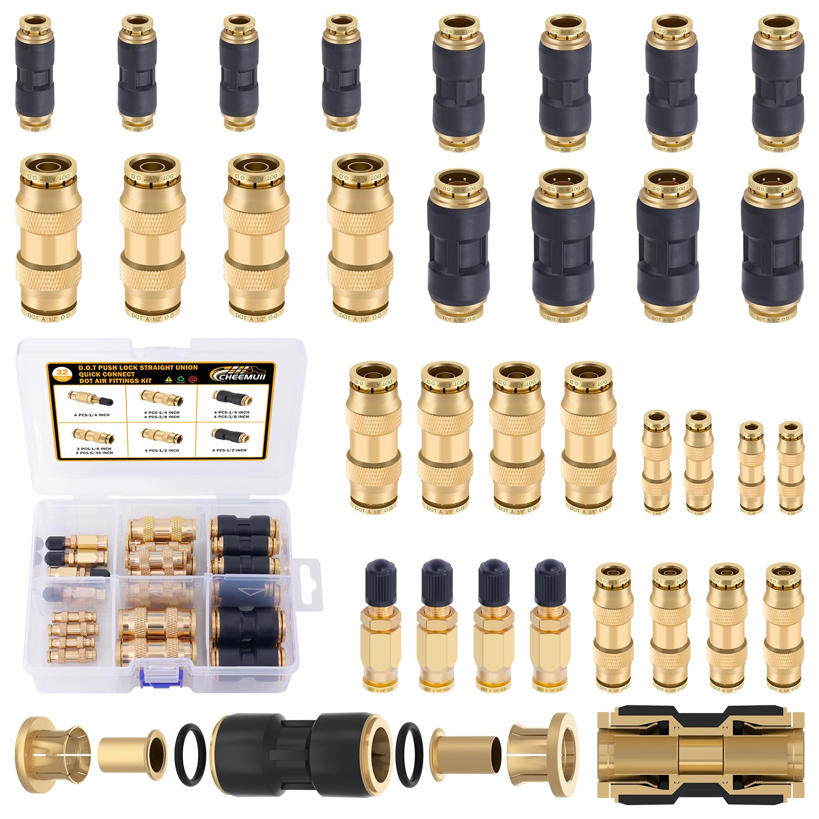 CheeMuii 32 PCS DOT Air Line Fittings Kit DOT Push Lock Air Fittings Brass and Plastic Quick Connect Straight Unions 1/8" 5/32" 1/4" 3/8" 1/2" 5/8" 3/